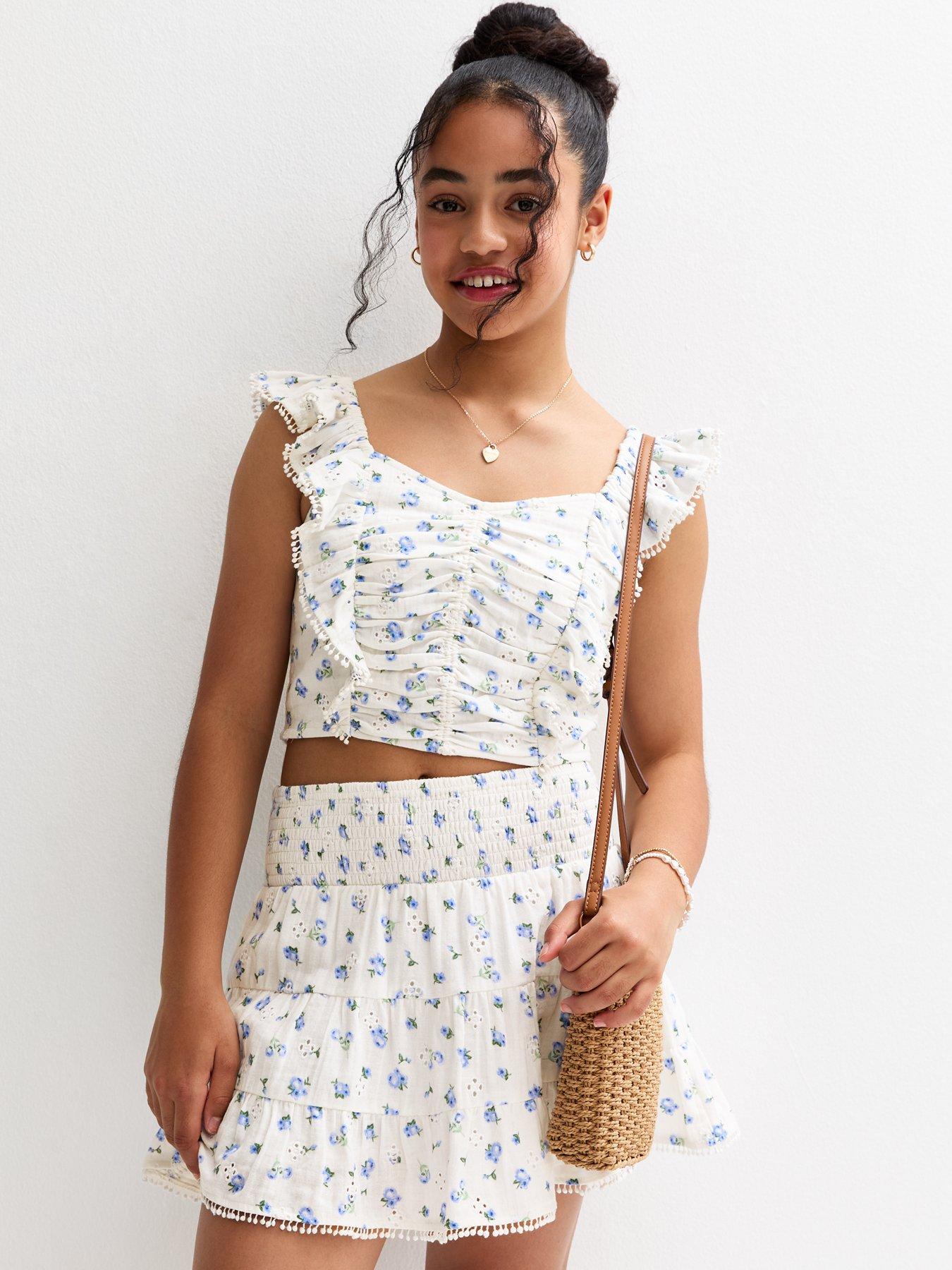 undefined Girls White Ditsy Print Broderie Embroidered Flutter Sleeve Top