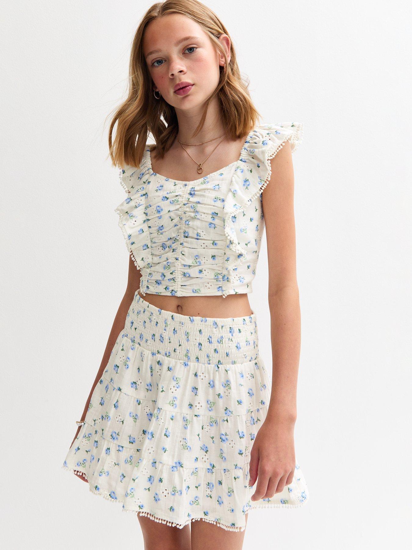 undefined Girls Ditsy Print Broderie Embroidered Rara Skort - White