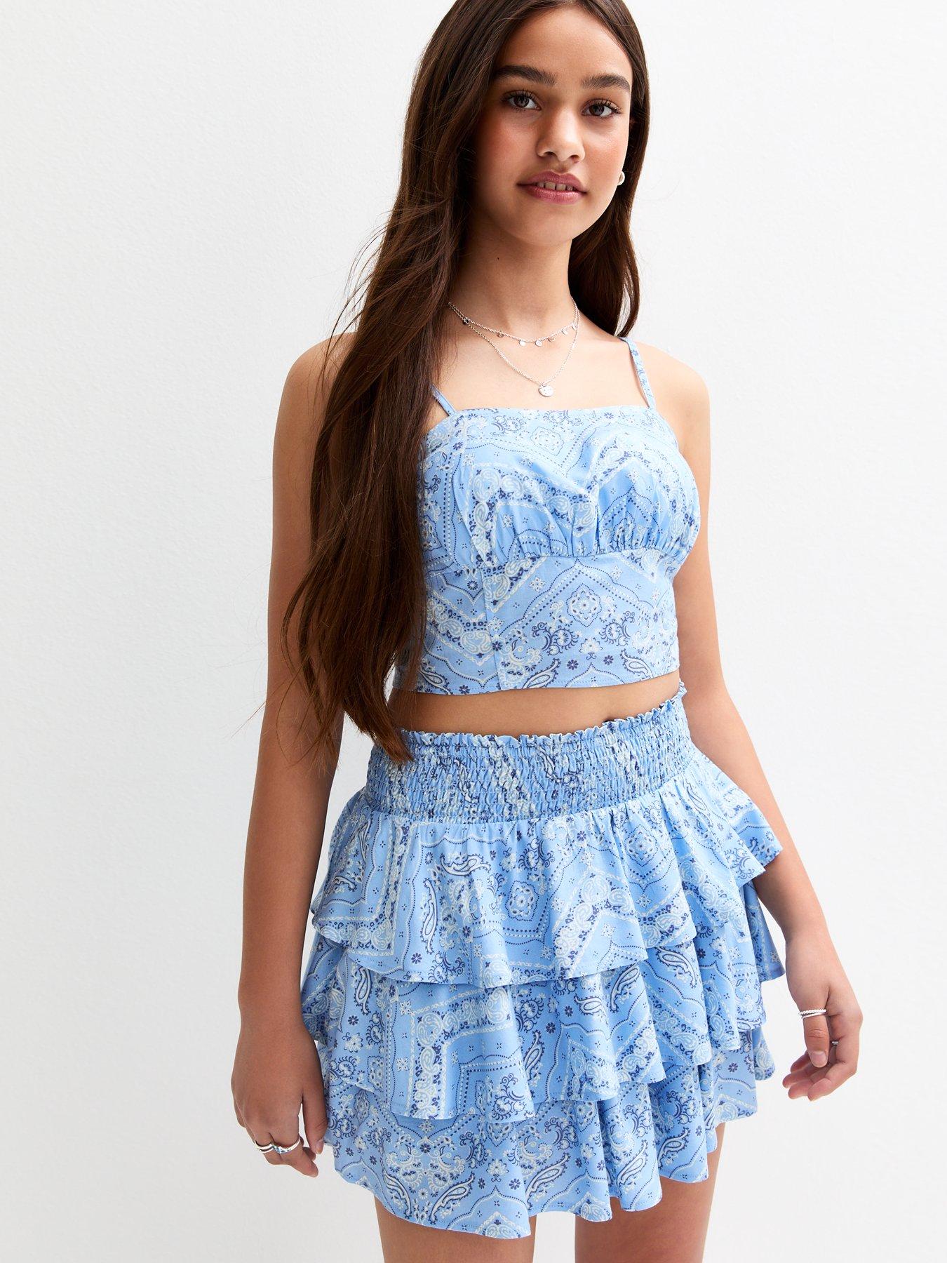 New Look 915 Girls Folk Print Tiered Rara Skort Blue Littlewoods