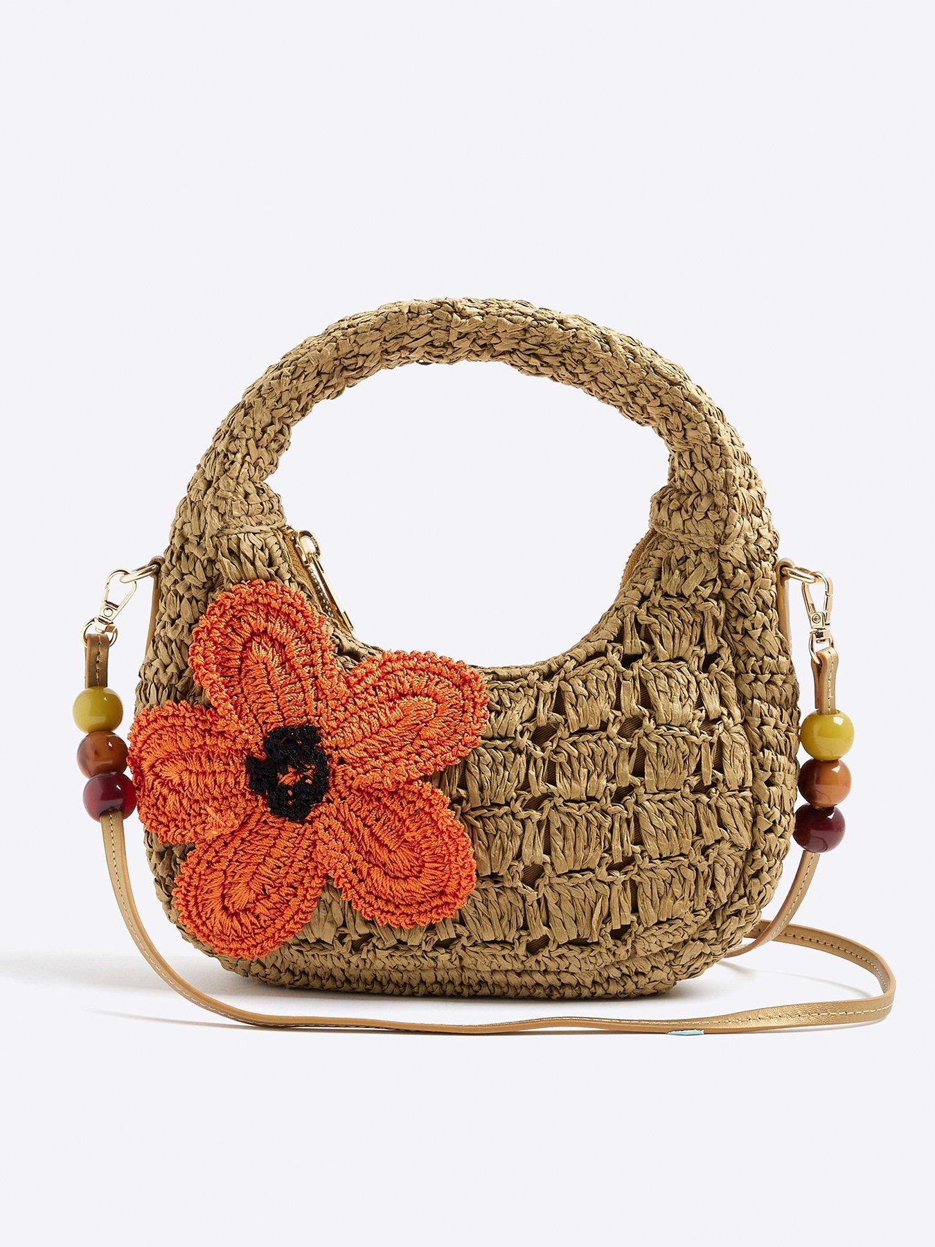 undefined Raffia Flower Shoulder - Dark Beige