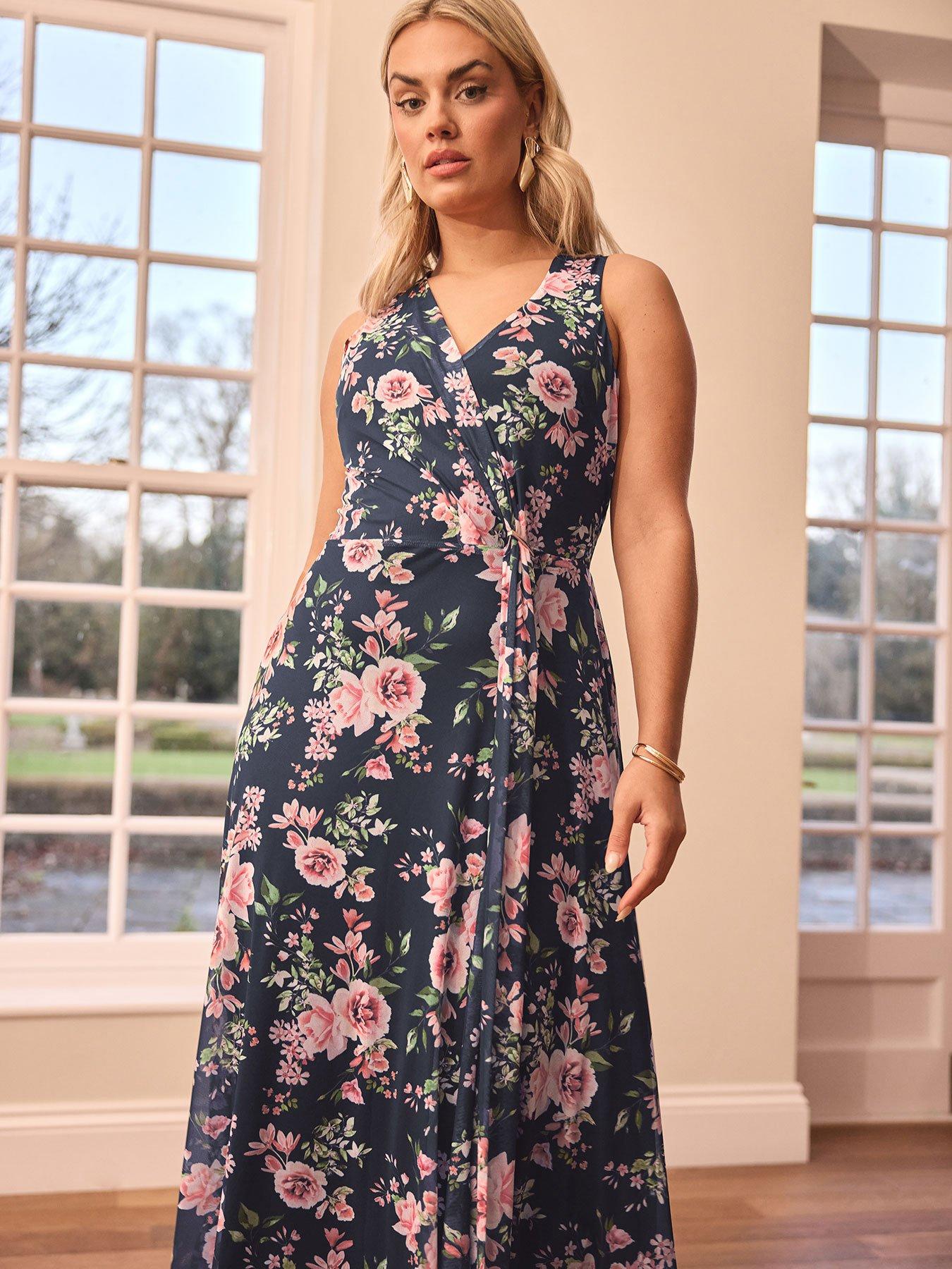 undefined V Neck Floral Mesh Drape Maxi Dress - Black