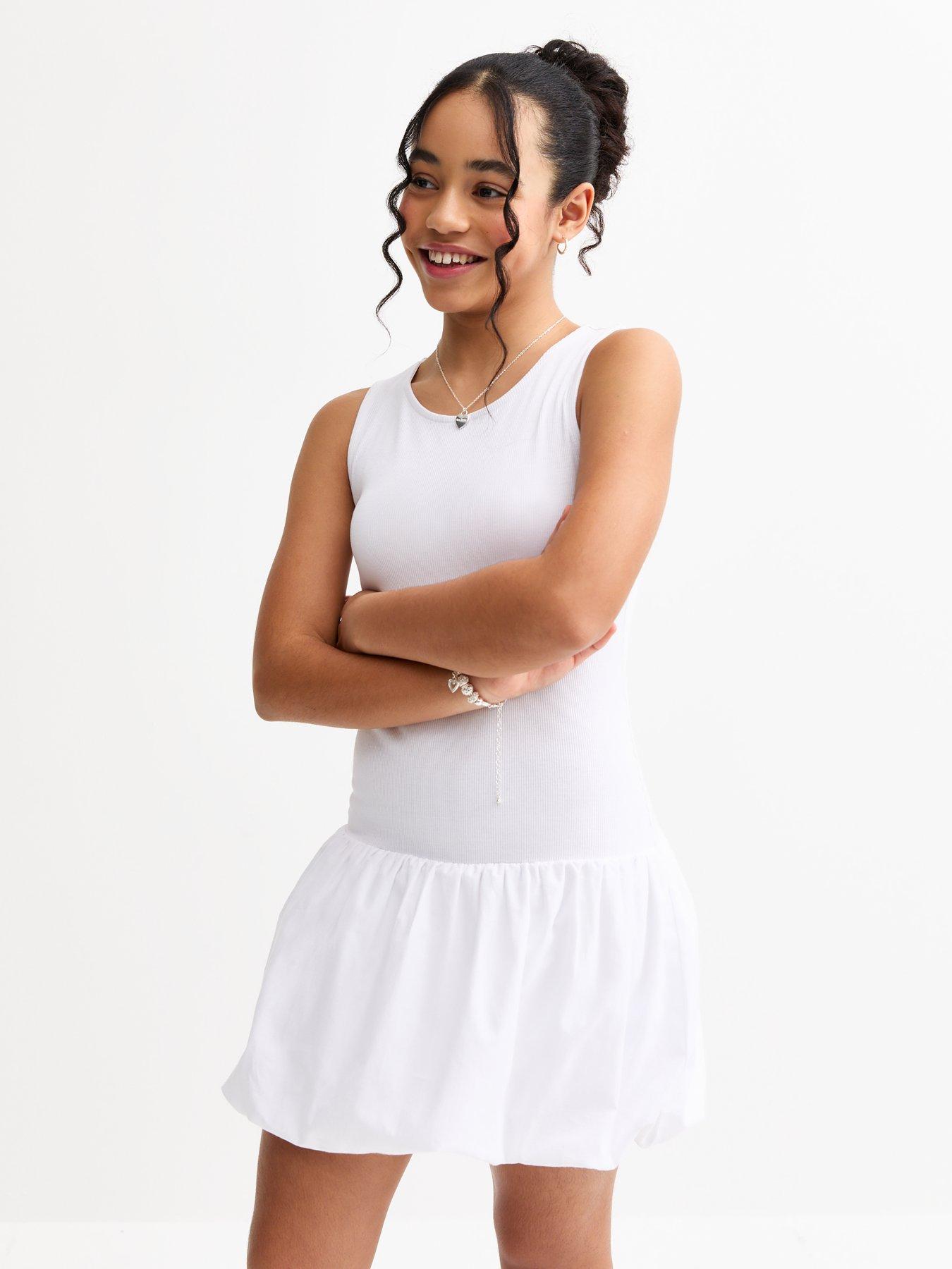 undefined Girls Puff Ball Racerback Ribbed Mini Dress - White