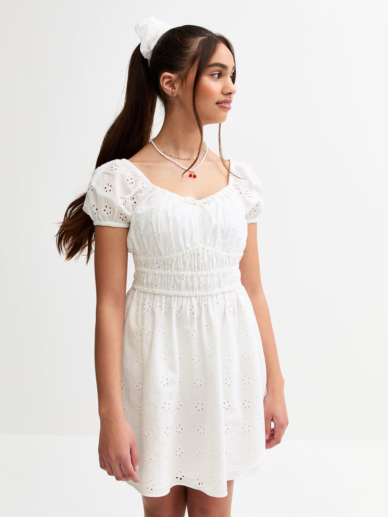 undefined Girls Broderie Puff Sleeve Dress - White