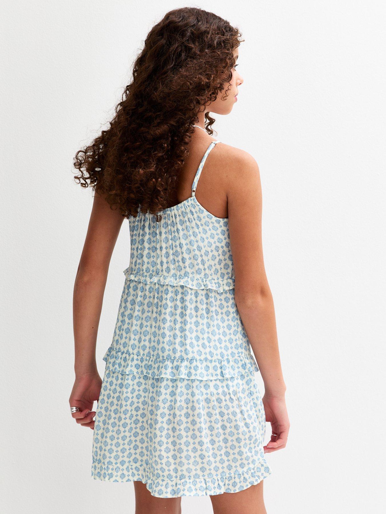  image of new-look-915-girls-patterned-ruffle-trim-babydoll-dress-blue