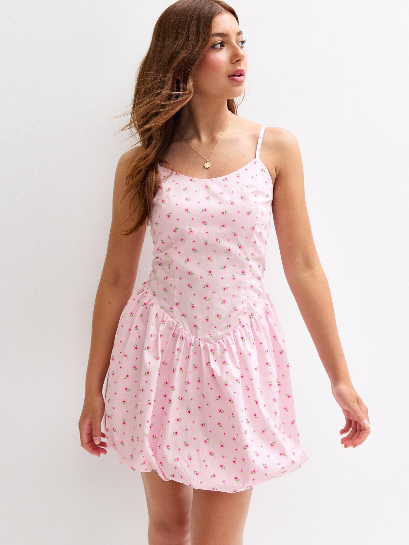 undefined Girls Pink Floral Print Puffball Dress