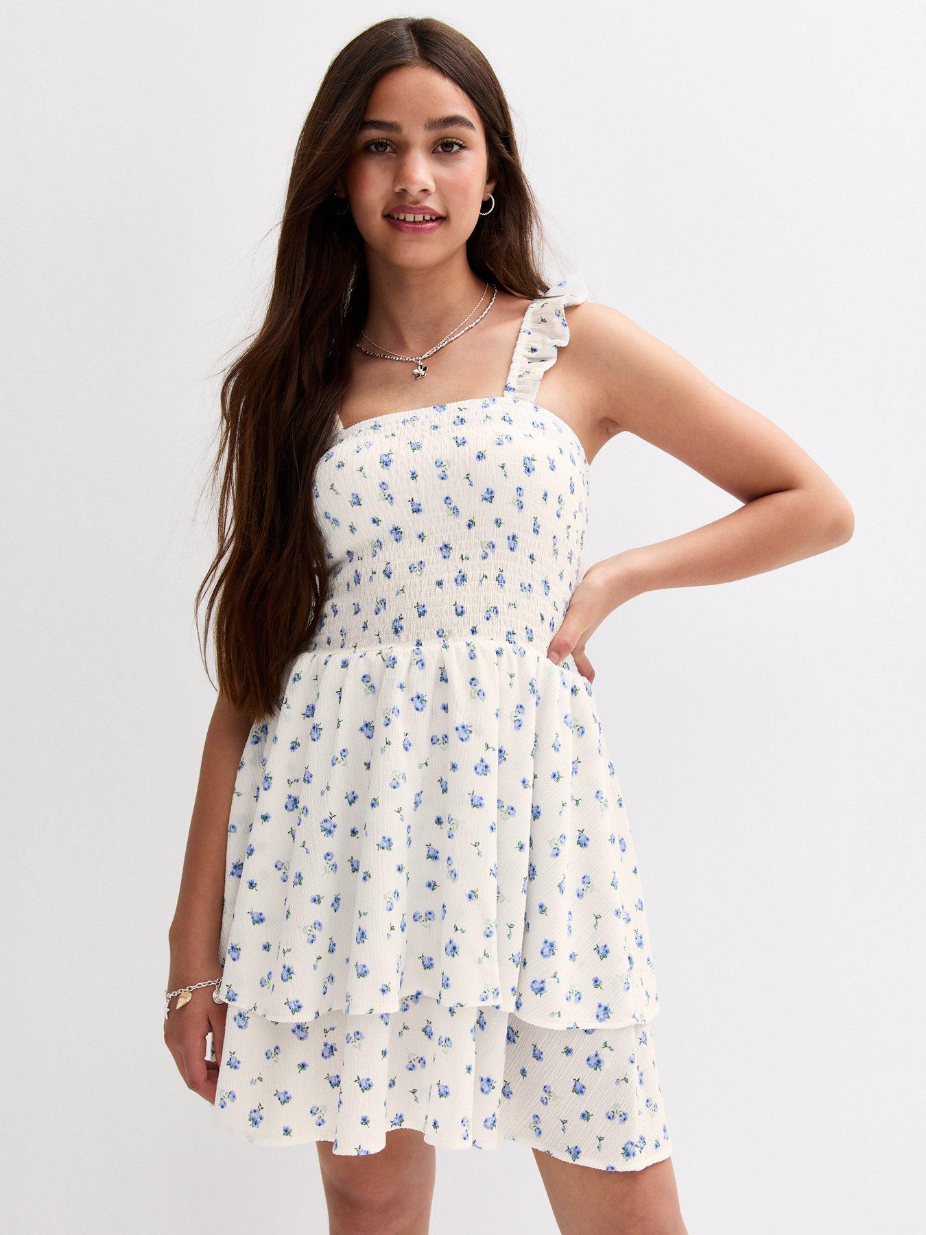 undefined Girls Floral Print Textured Dress - White