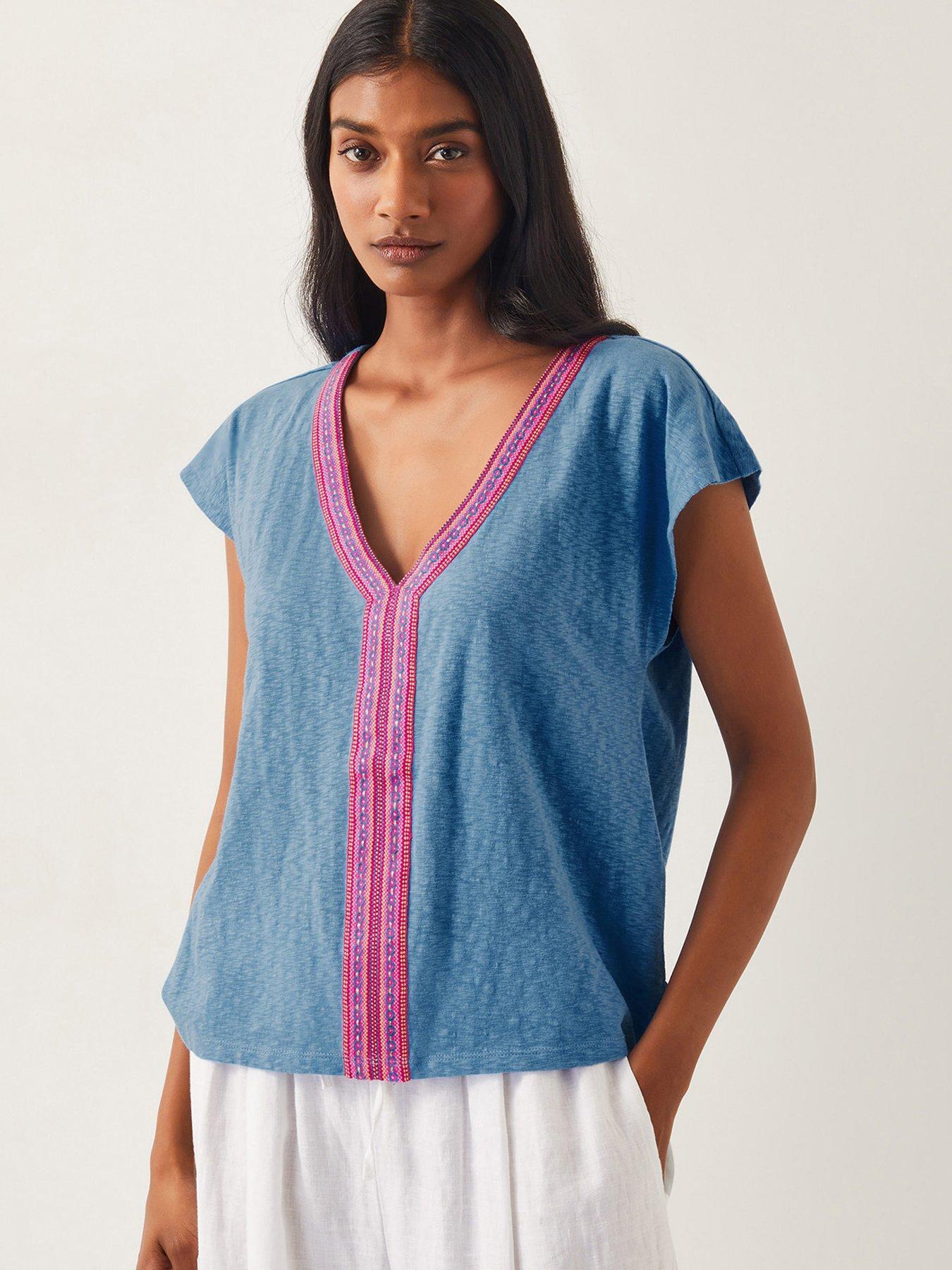  image of monsoon-elena-embroidered-v-neck-jersey-t-shirt-blue