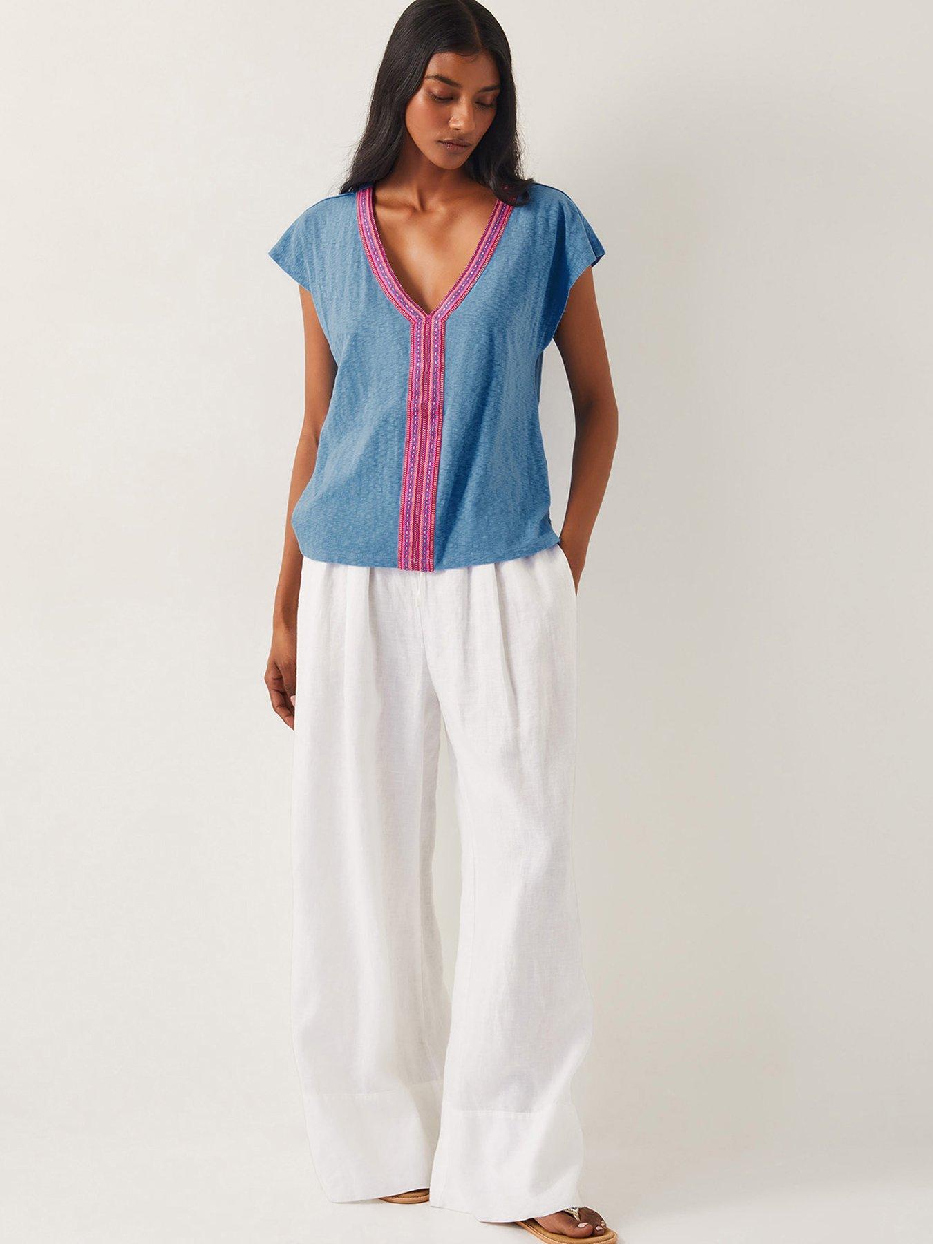  image of monsoon-elena-embroidered-v-neck-jersey-t-shirt-blue