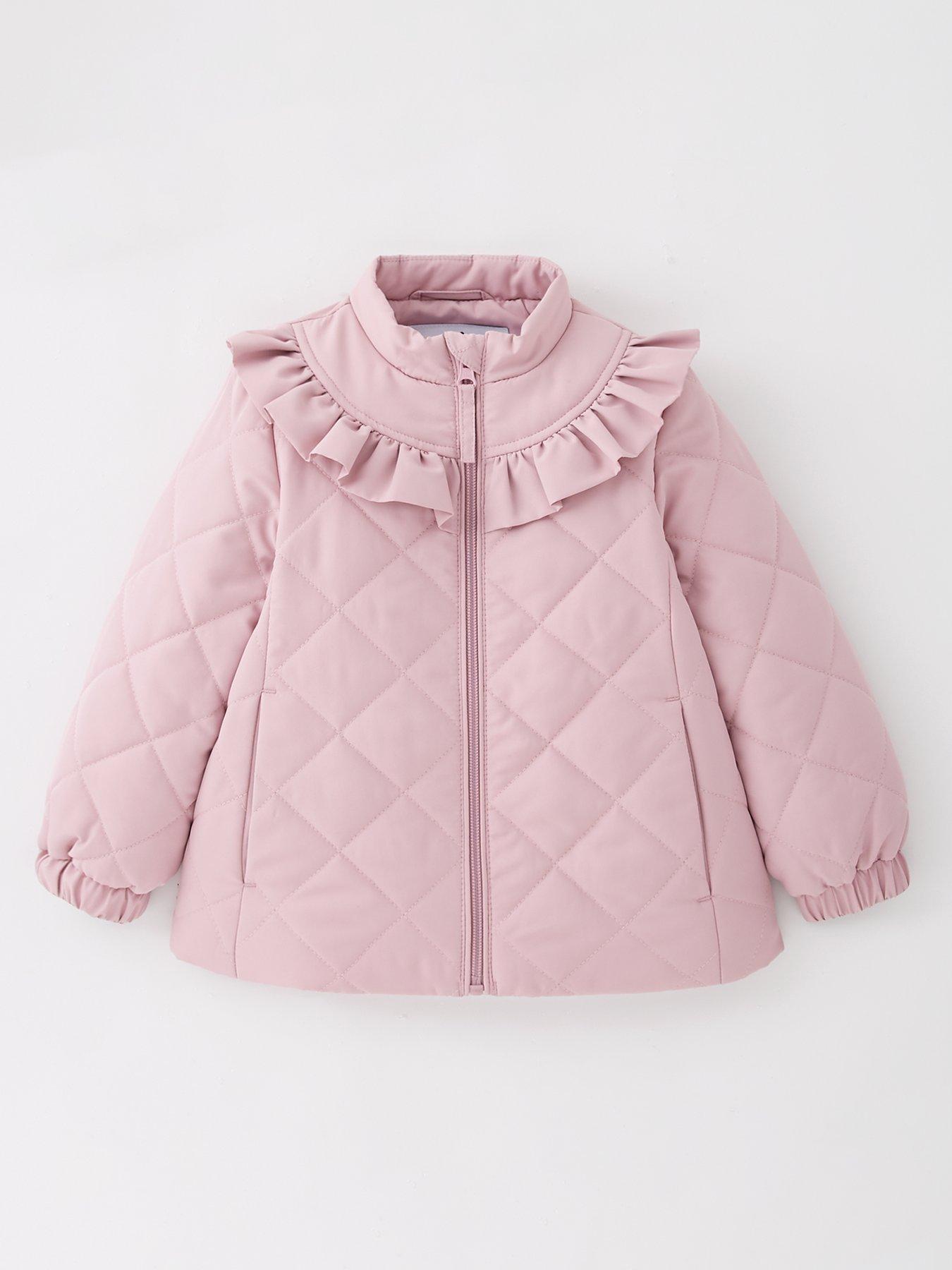 V by Very Girls Quilted Frill Shower Resistant Coat - Pink