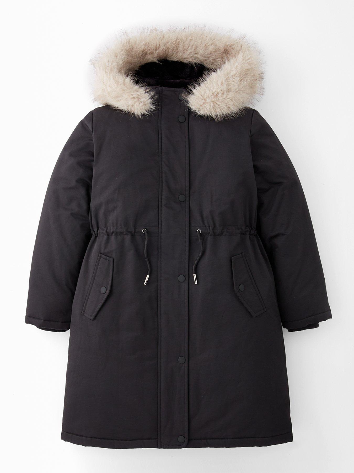 V by Very Girls Tie Waist Parka Coat - Black