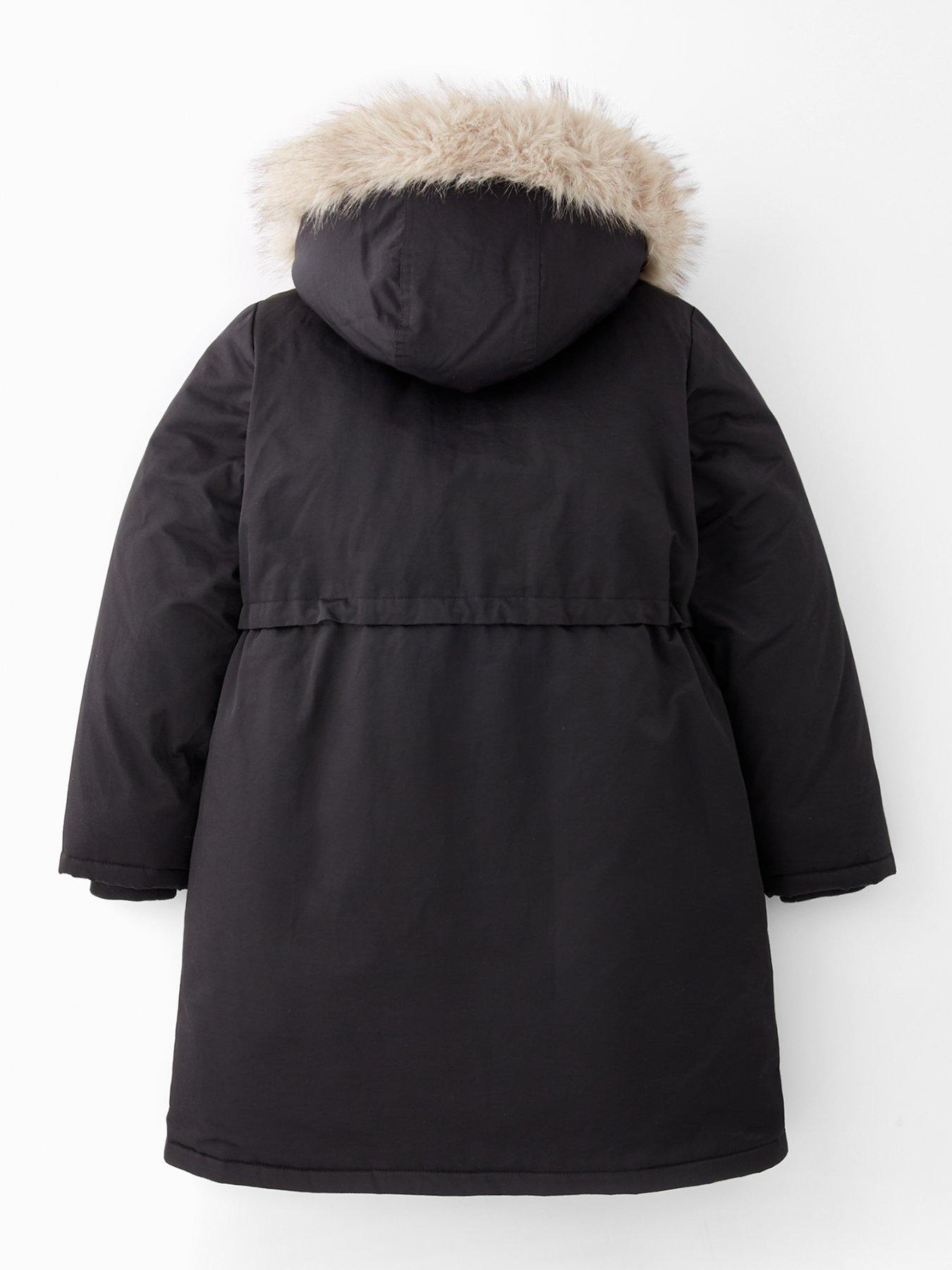  image of v-by-very-girls-tie-waist-parka-shower-resistant-coat-black