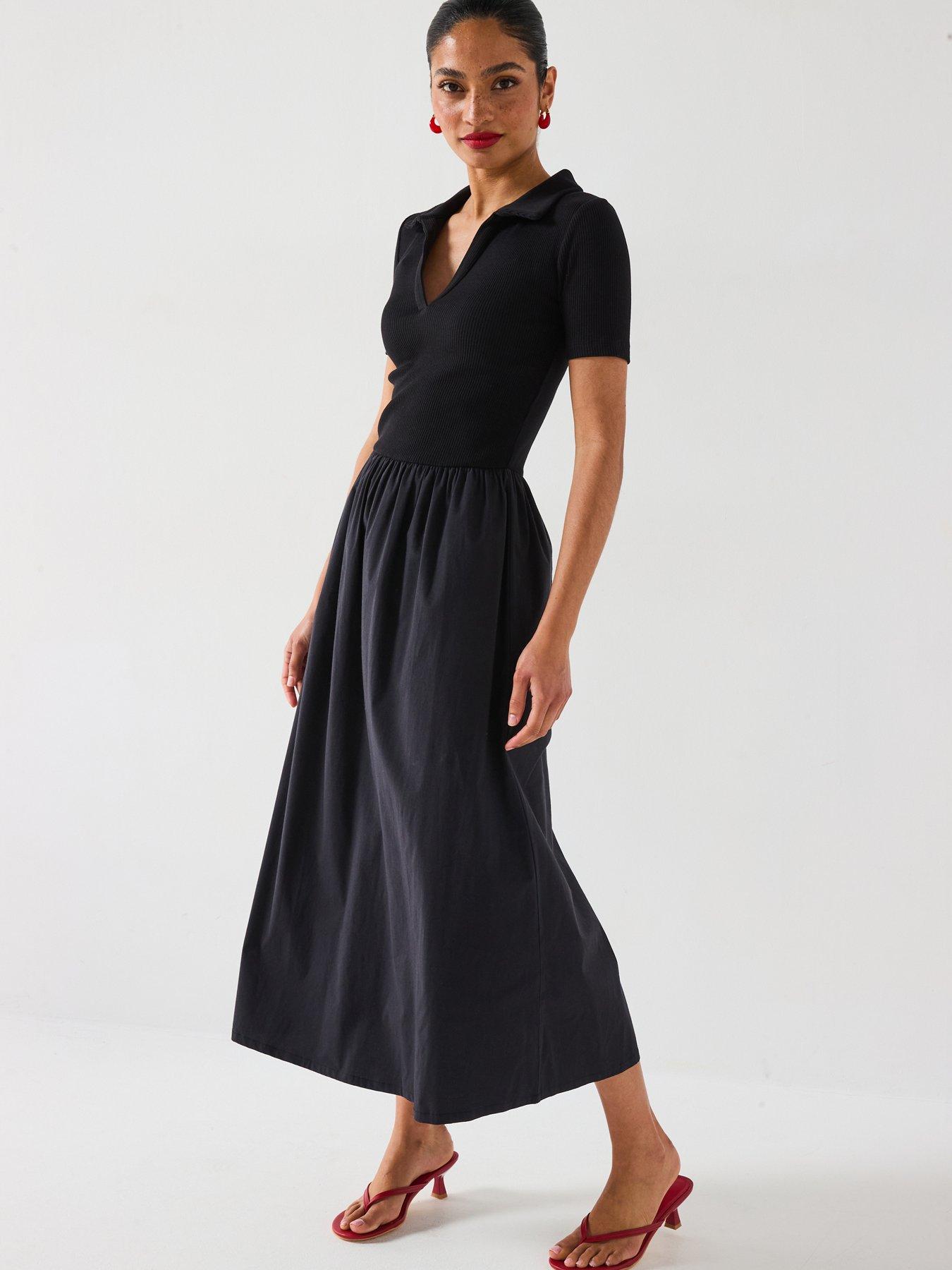 undefined Collar Detail Woven Mix Midaxi Dress - Black