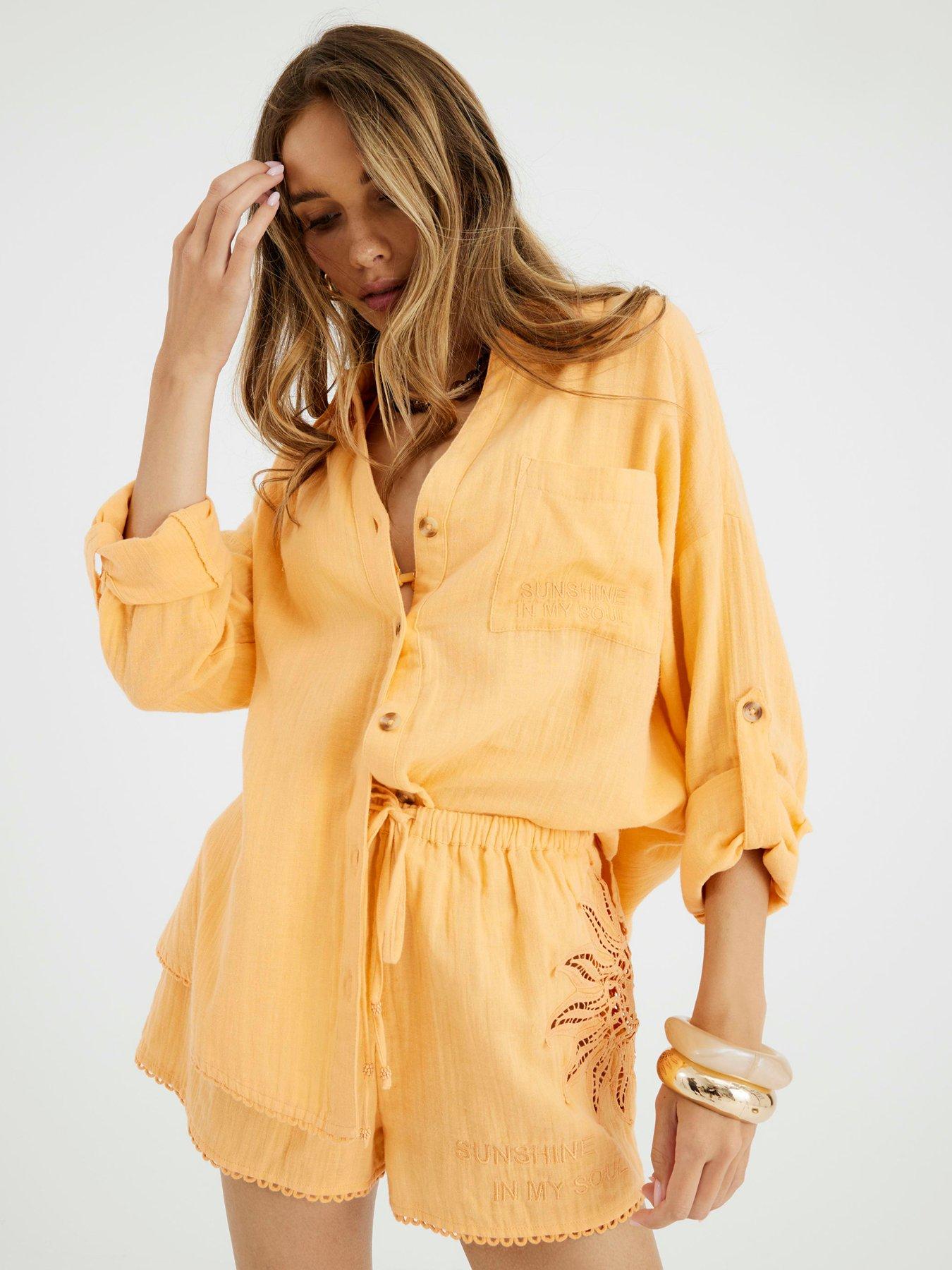 undefined Sun Embellished Oversized Beach Shirt - Orange