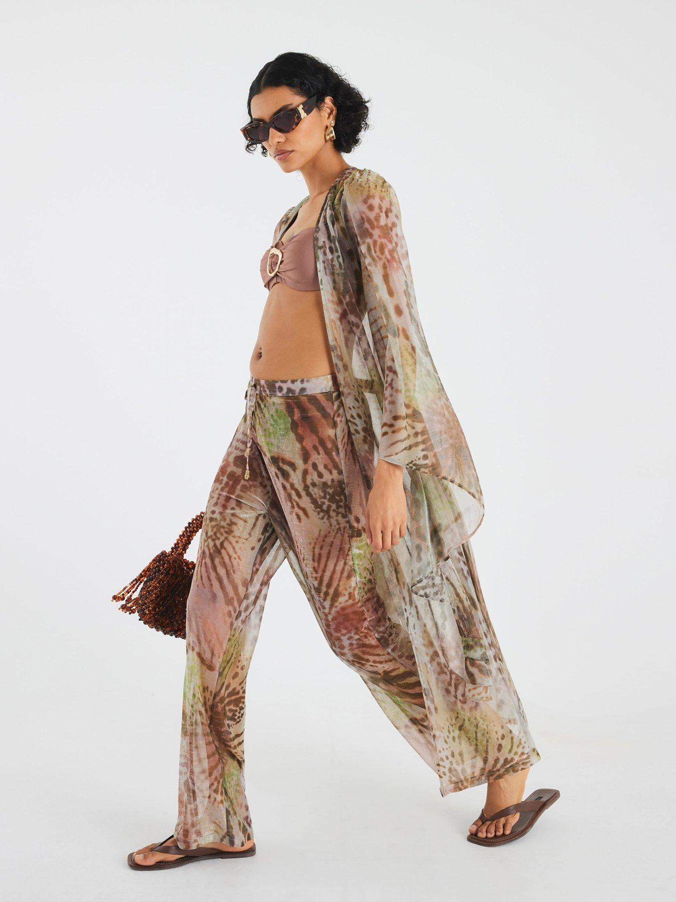Image 1 of 5 of River Island Animal Print Plisse Kaftan - Khaki