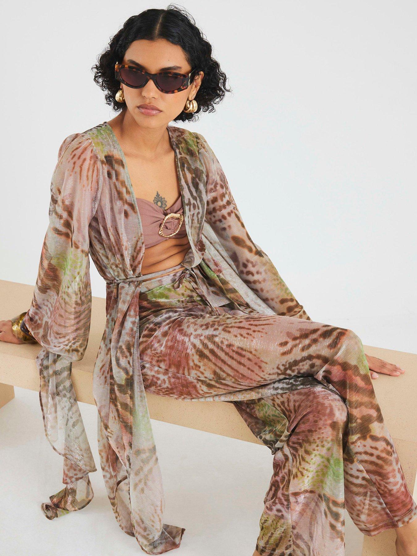Image 5 of 5 of River Island Animal Print Plisse Kaftan - Khaki
