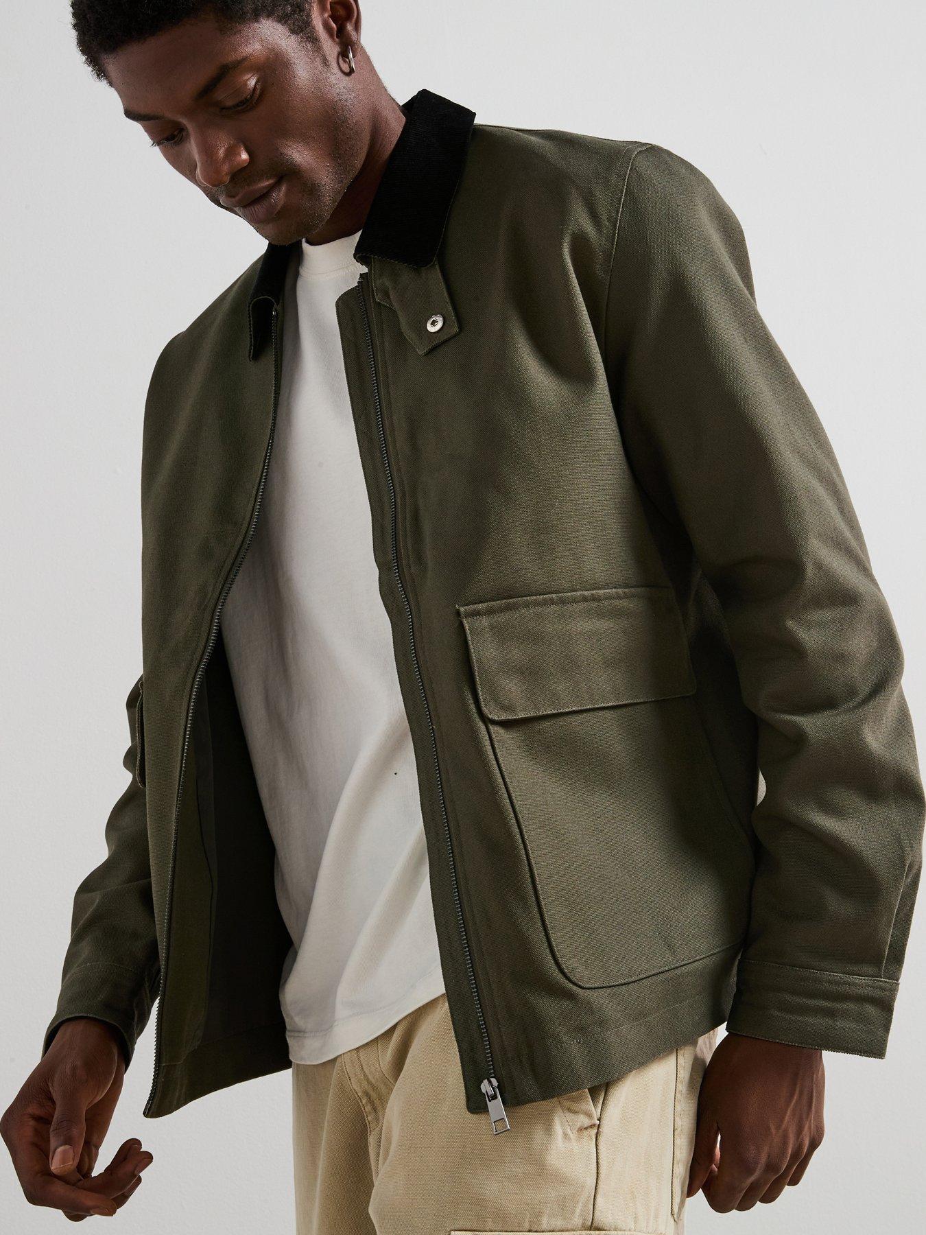 Very Man Canvas Barn Jacket With Cord Collar - Khaki