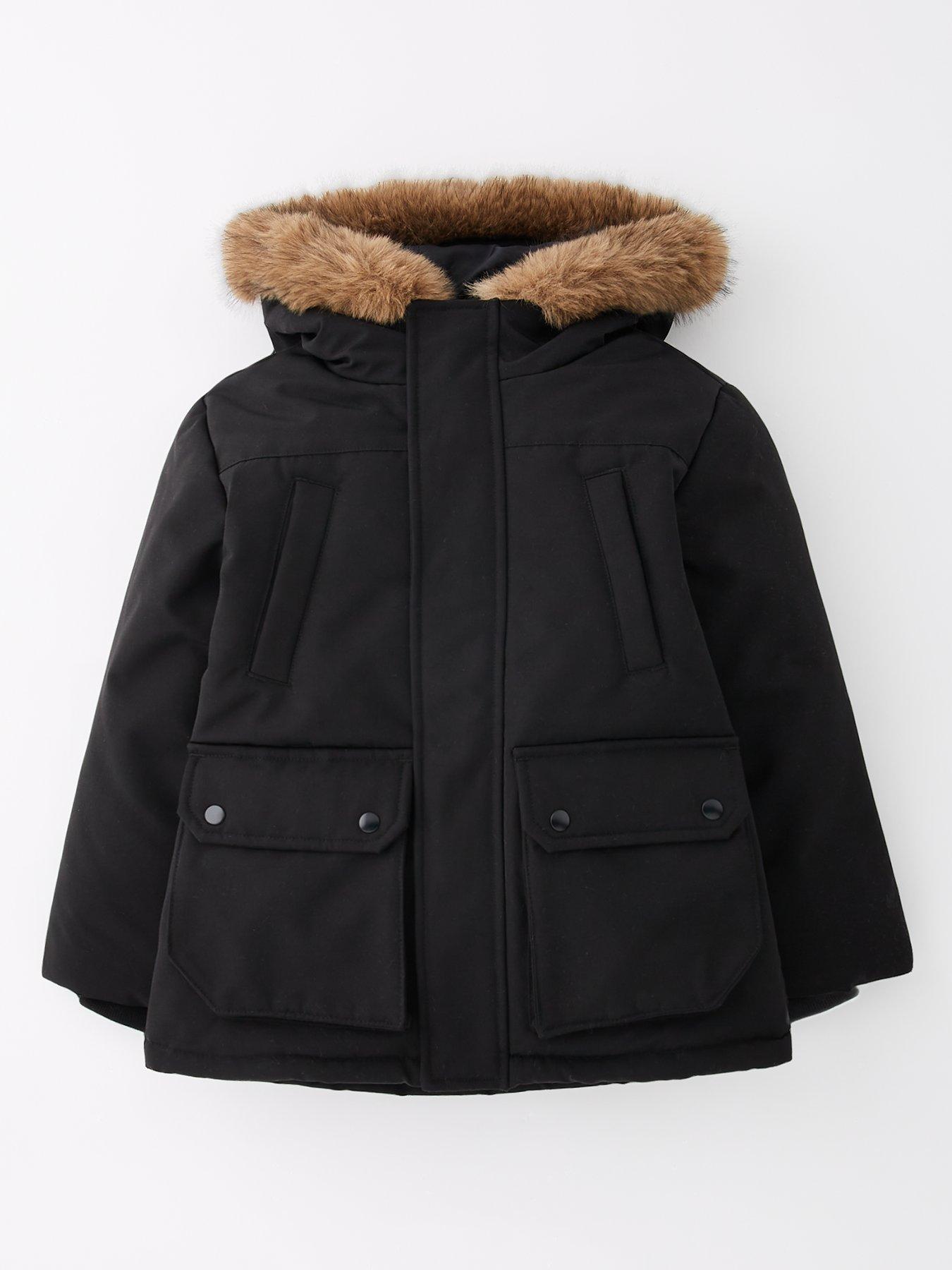 undefined Boys Faux Fur Trim Hooded Parka - Black