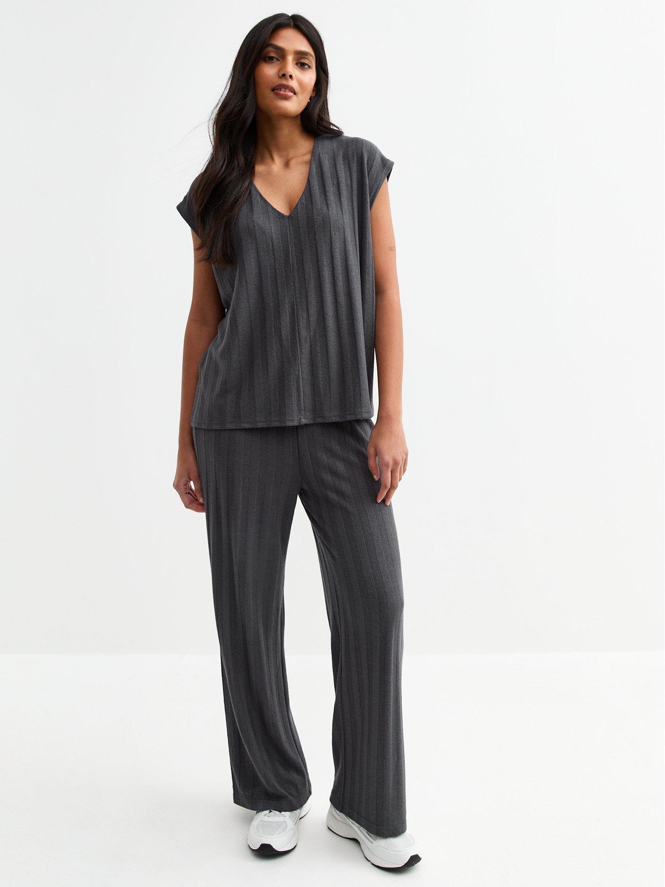 New Look Dark Grey Wide Rib Relaxed Trousers