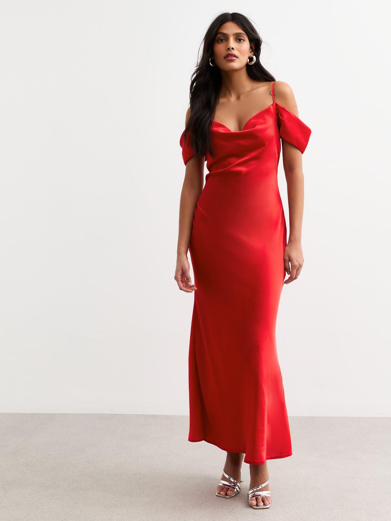 undefined Red Satin Bardot Midi Dress