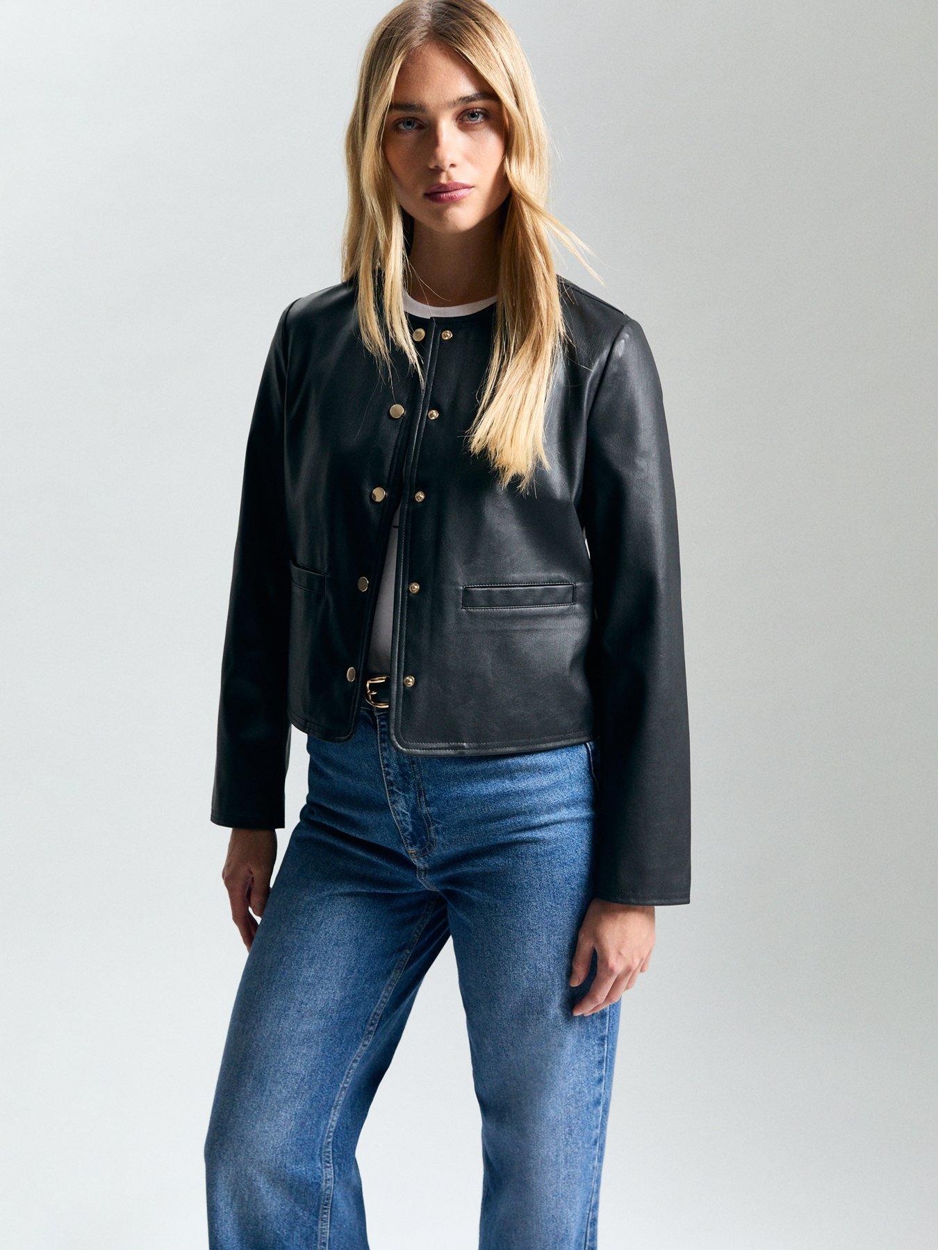Image 3 of 5 of New Look Collarless Faux Leather Jacket - Black