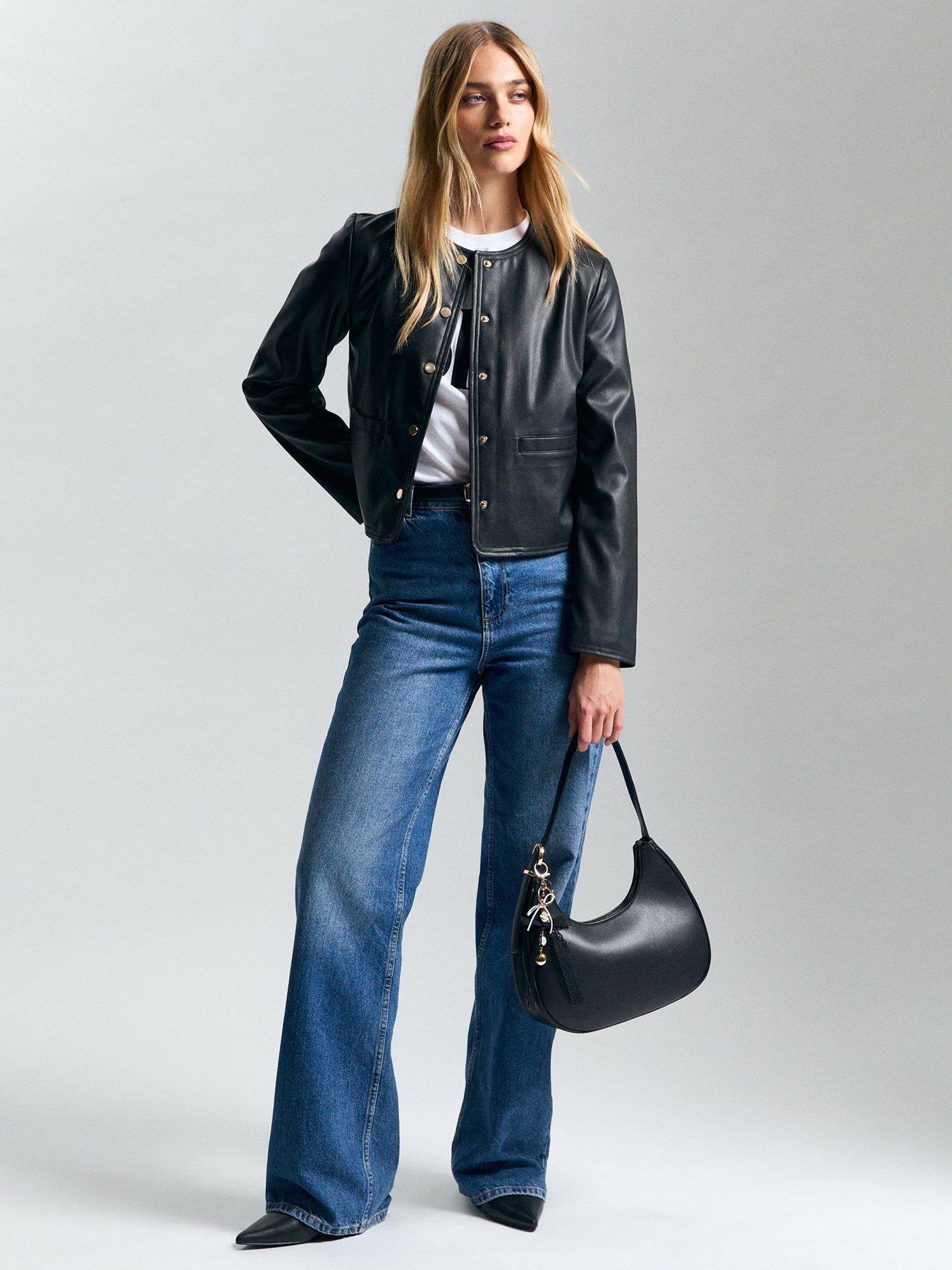 Image 4 of 5 of New Look Collarless Faux Leather Jacket - Black