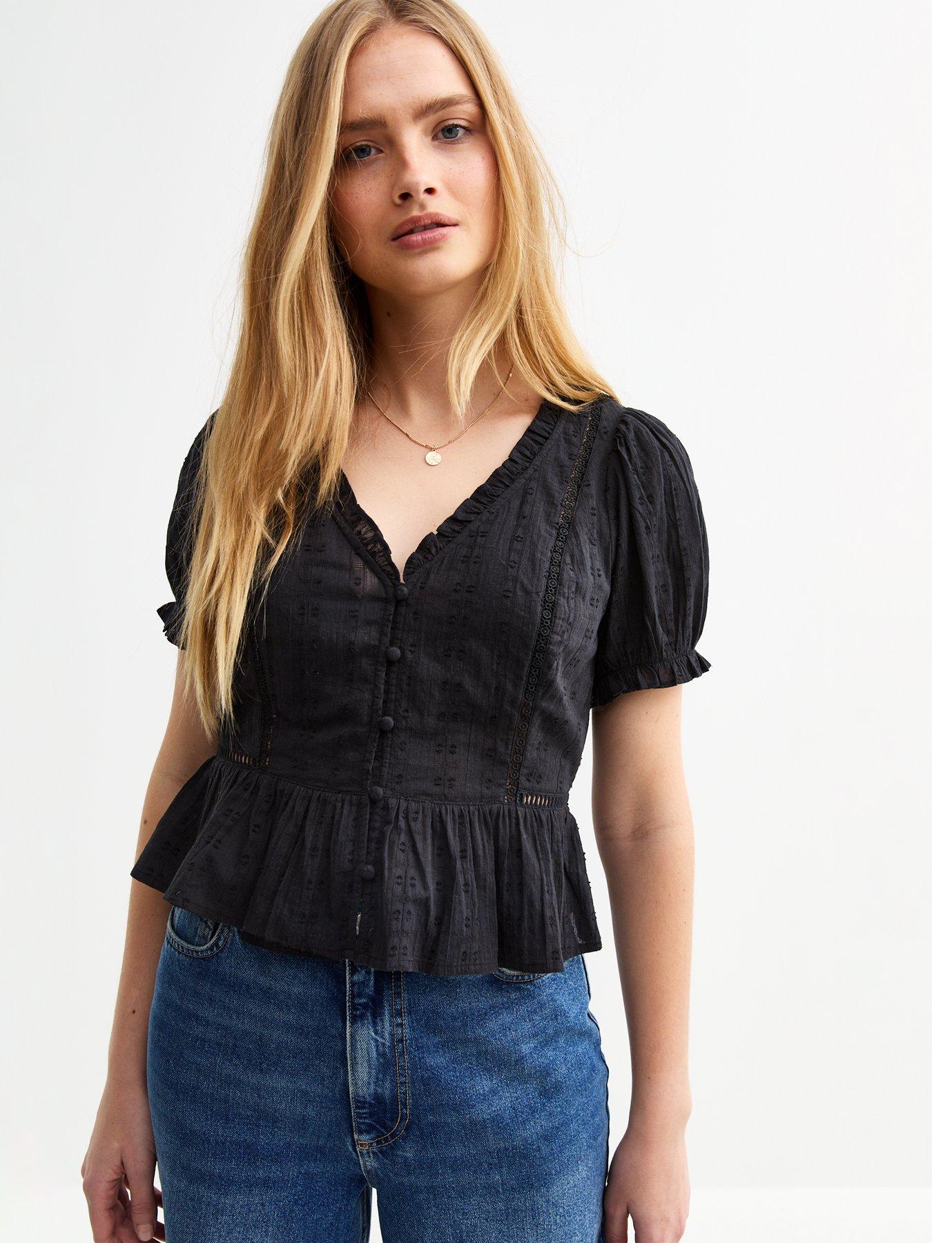  image of new-look-black-broderie-anglaise-trim-oversized-collar-top