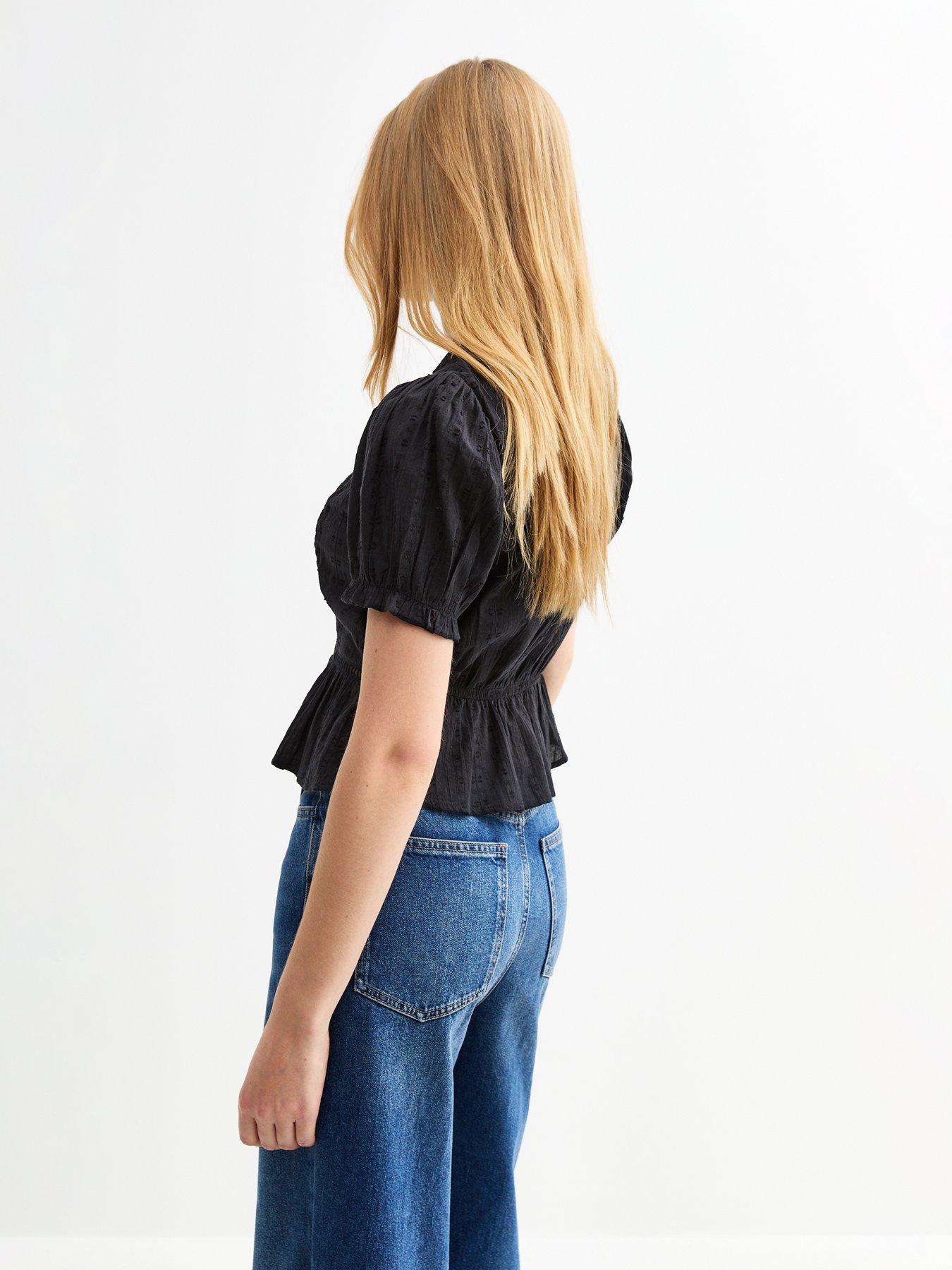 stillFront image of new-look-black-broderie-anglaise-trim-oversized-collar-top