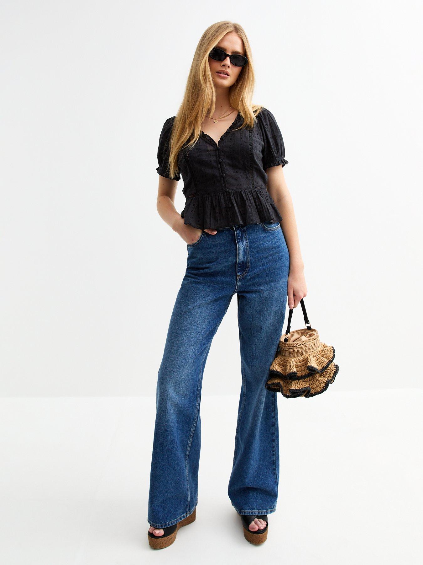  image of new-look-black-broderie-anglaise-trim-oversized-collar-top