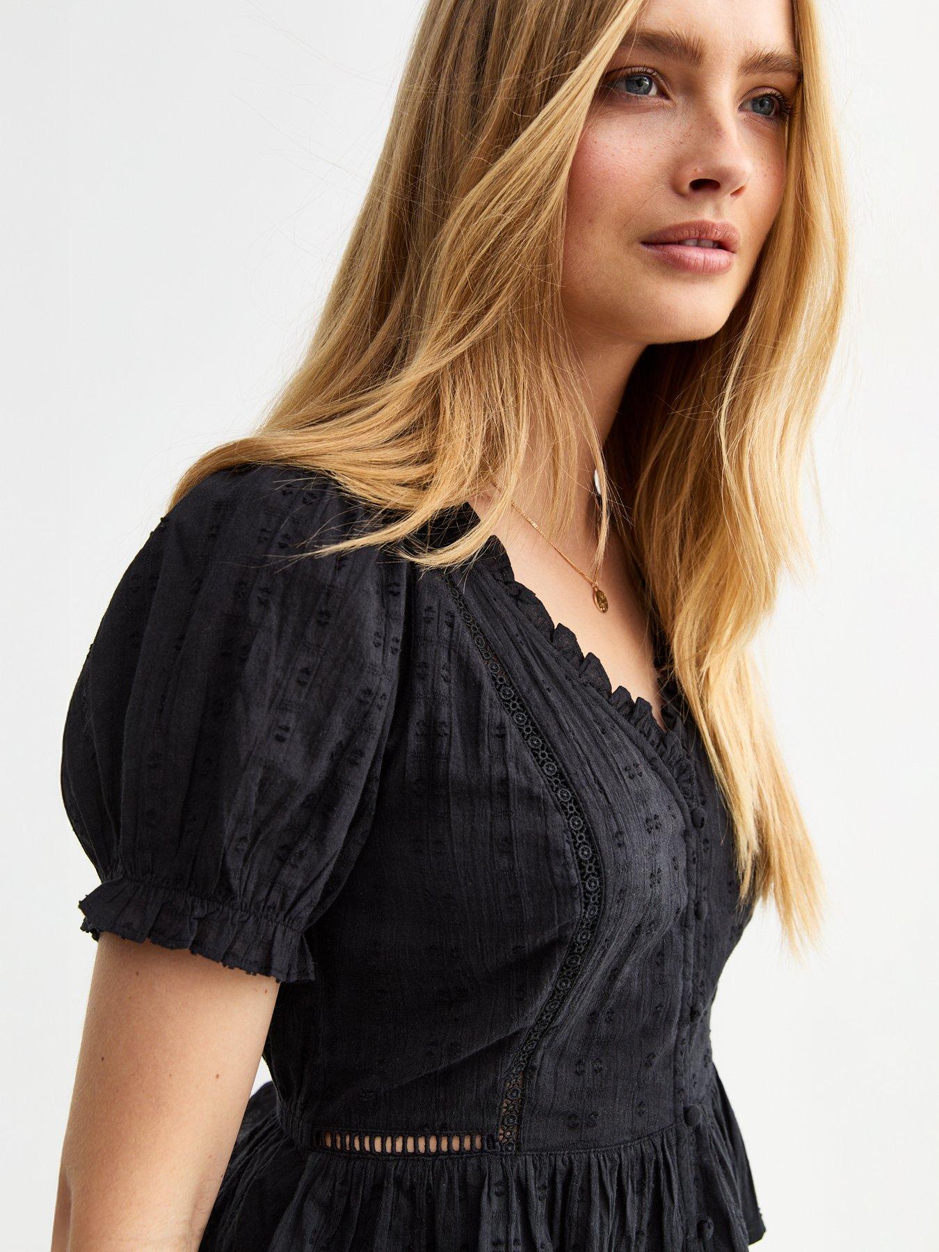  image of new-look-black-broderie-anglaise-trim-oversized-collar-top