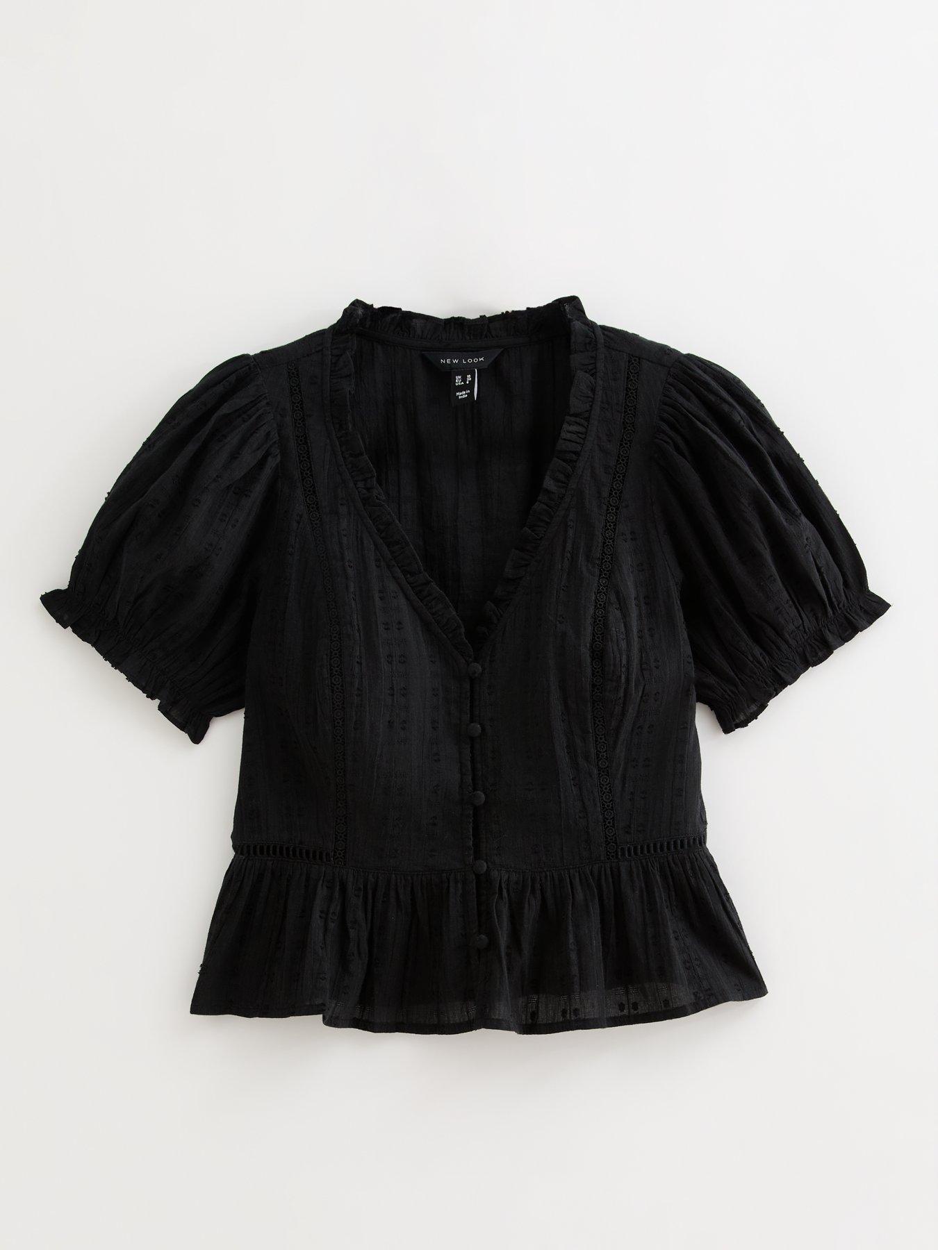  image of new-look-black-broderie-anglaise-trim-oversized-collar-top