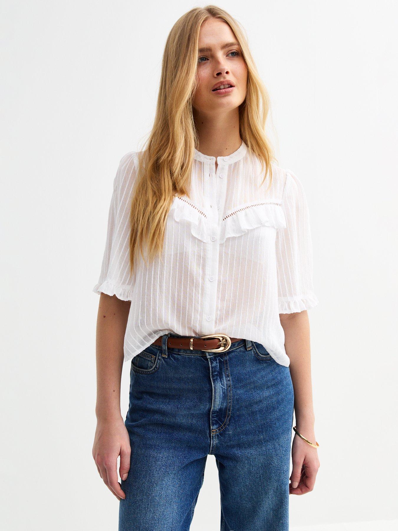 undefined White Semi-sheer Frill Trim Striped Shirt