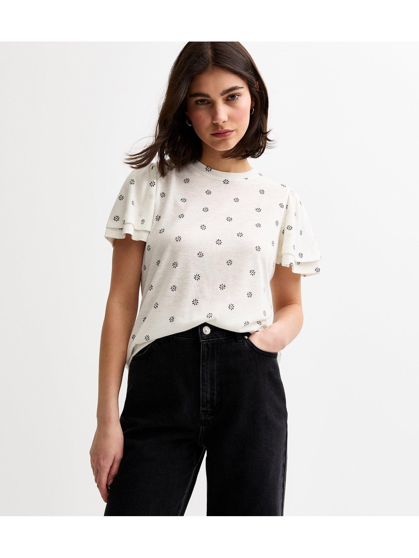  image of new-look-white-daisy-print-flutter-sleeve-top-cream