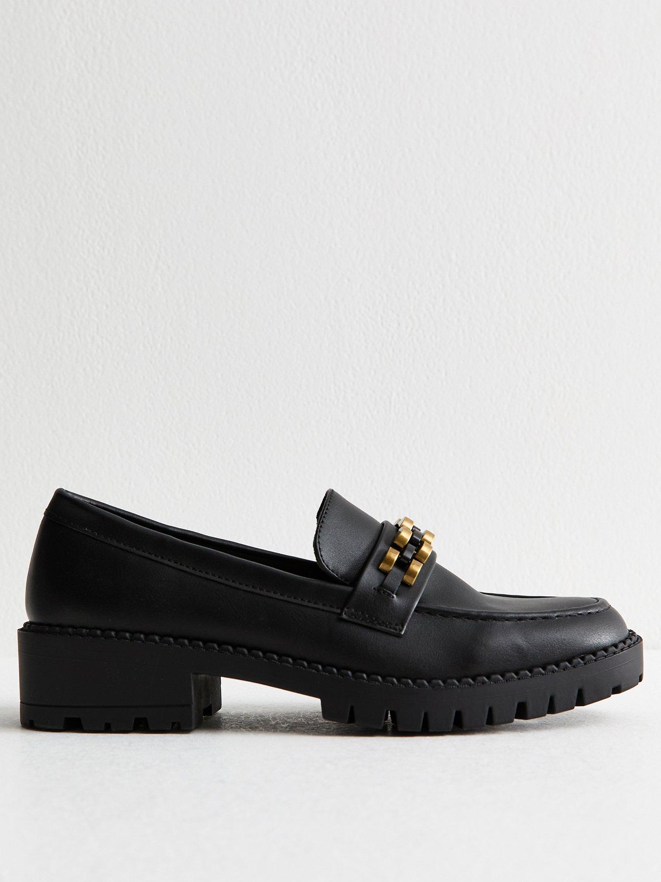  image of new-look-faux-leather-chunky-disc-strap-penny-loafers-black