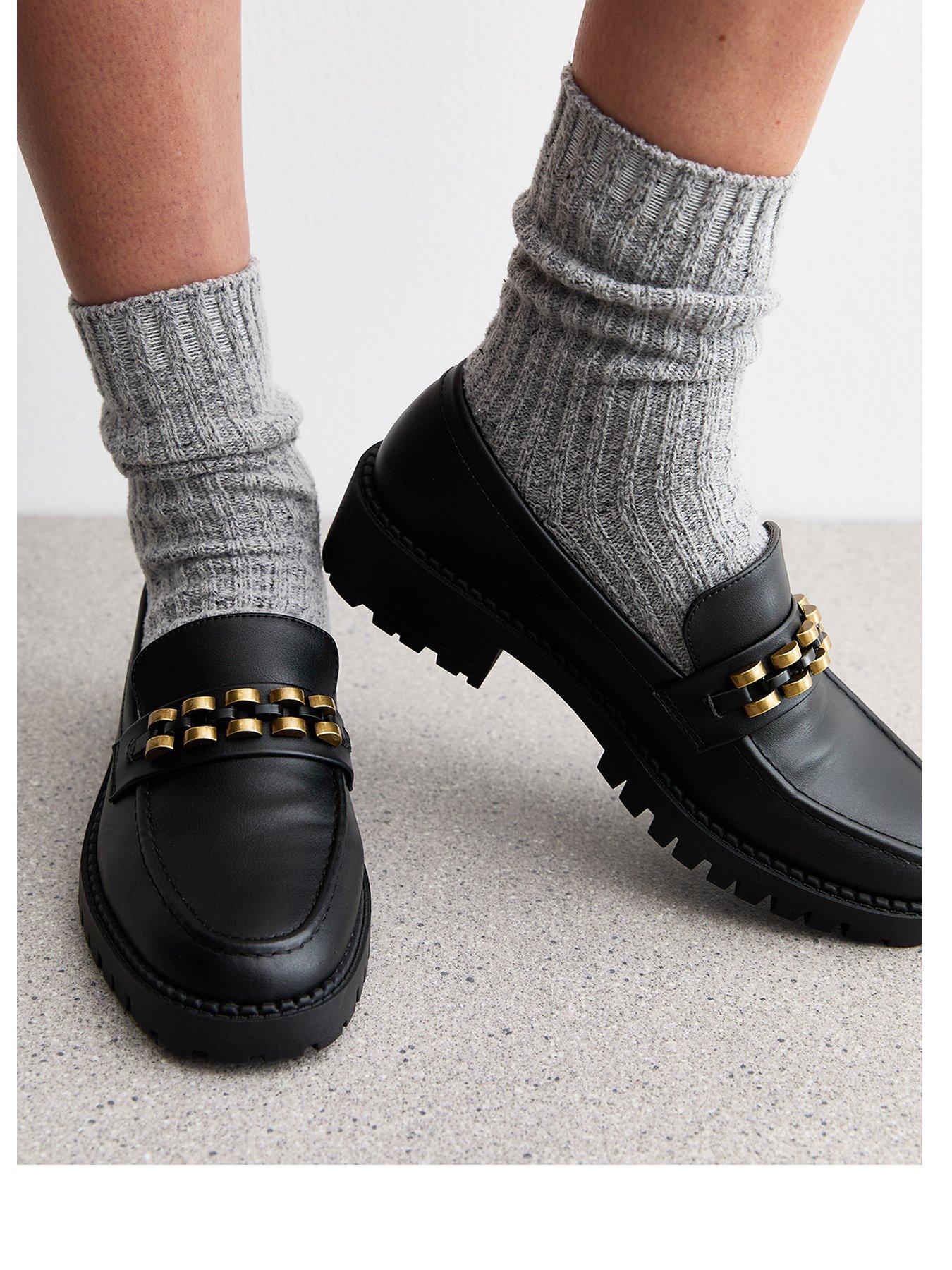  image of new-look-faux-leather-chunky-disc-strap-penny-loafers-black