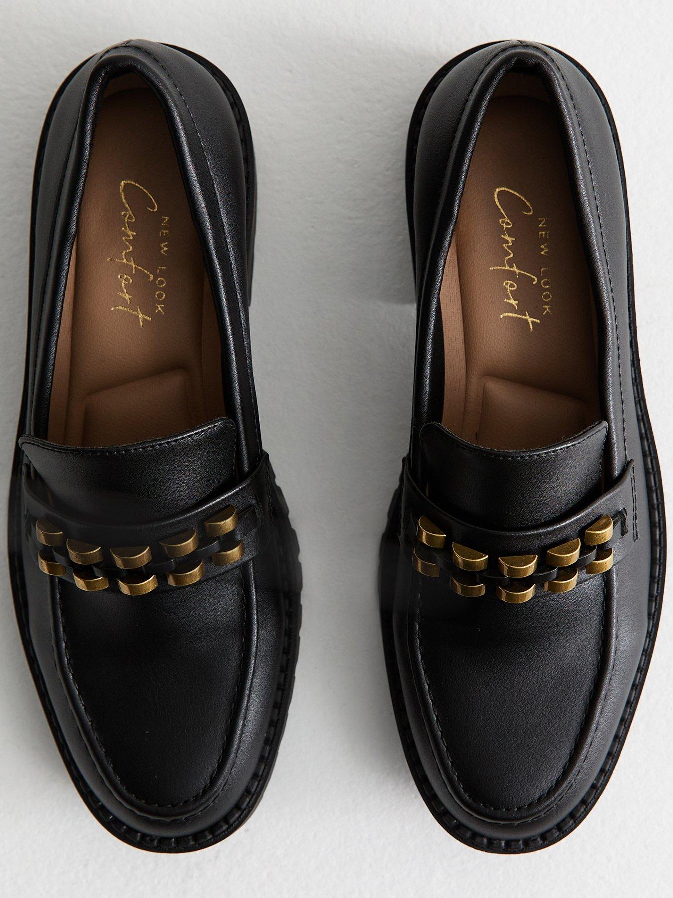  image of new-look-faux-leather-chunky-disc-strap-penny-loafers-black