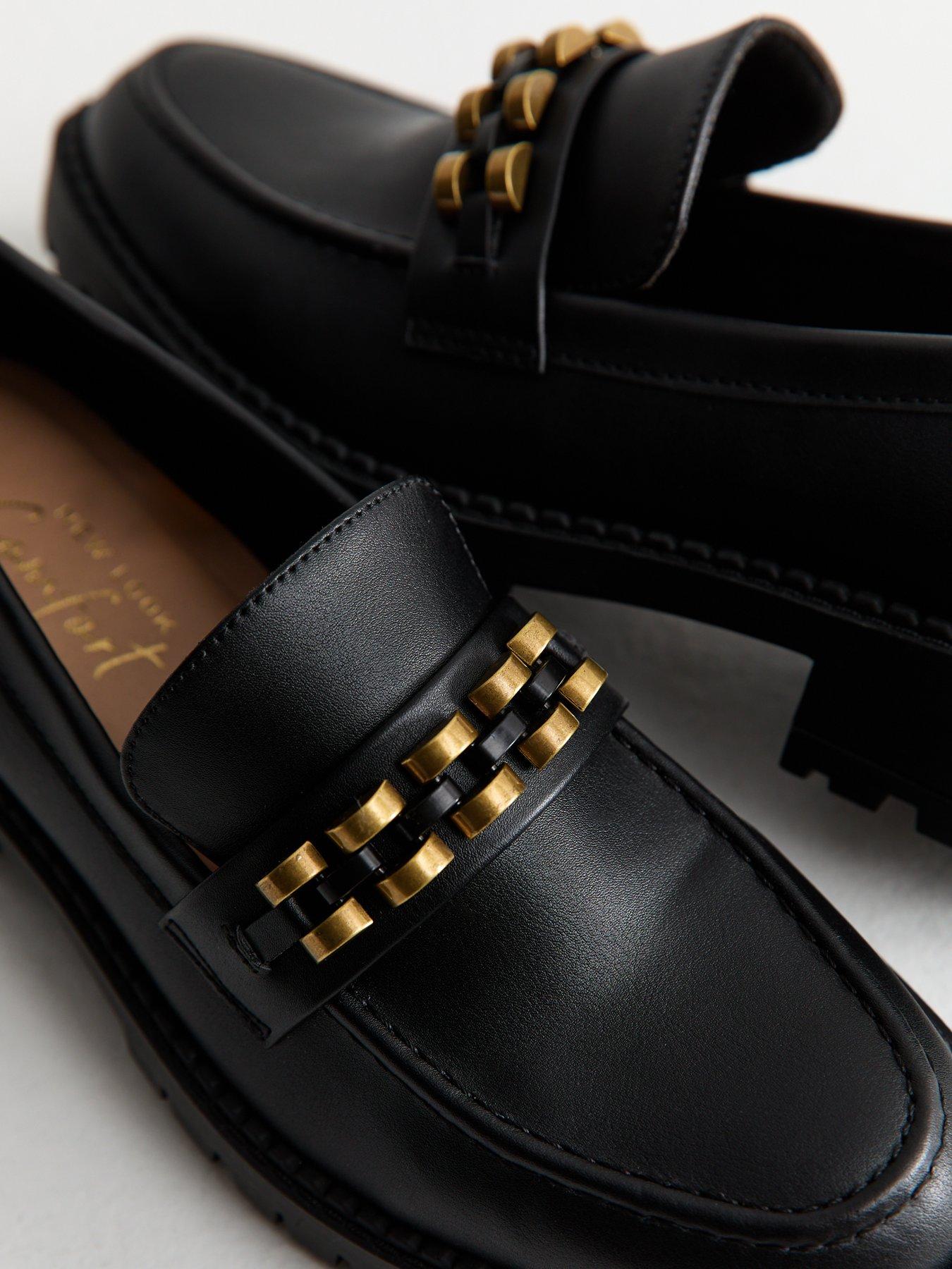  image of new-look-faux-leather-chunky-disc-strap-penny-loafers-black