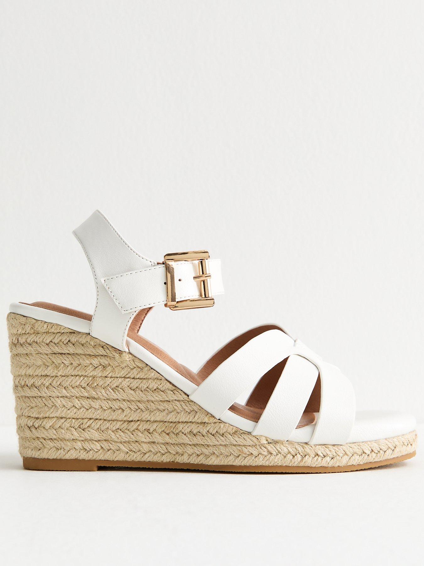 undefined Wide Fit Multi Strap Faux Leather Wedge Sandals - White