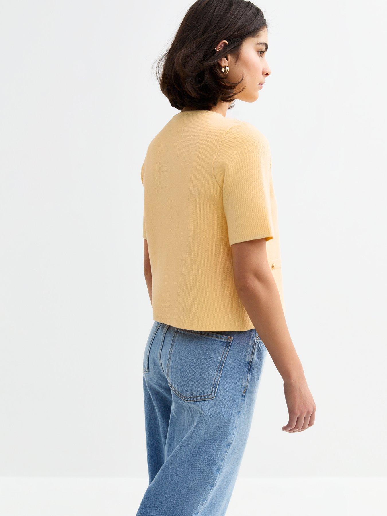  image of new-look-yellow-short-sleeve-button-cardigan