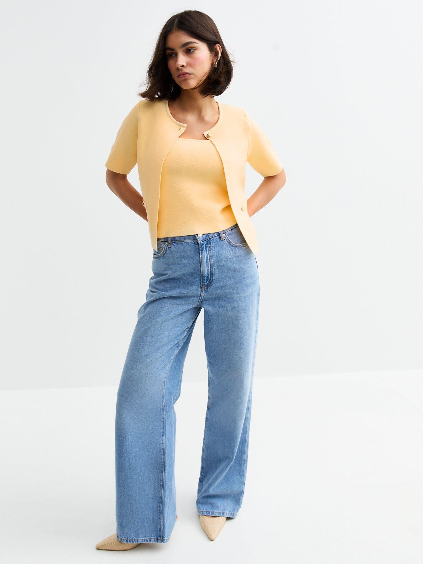  image of new-look-yellow-short-sleeve-button-cardigan