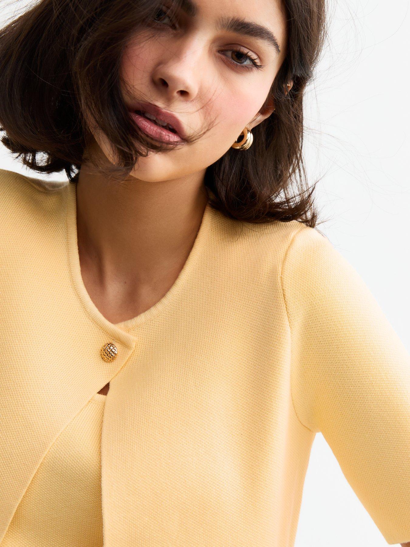  image of new-look-yellow-short-sleeve-button-cardigan