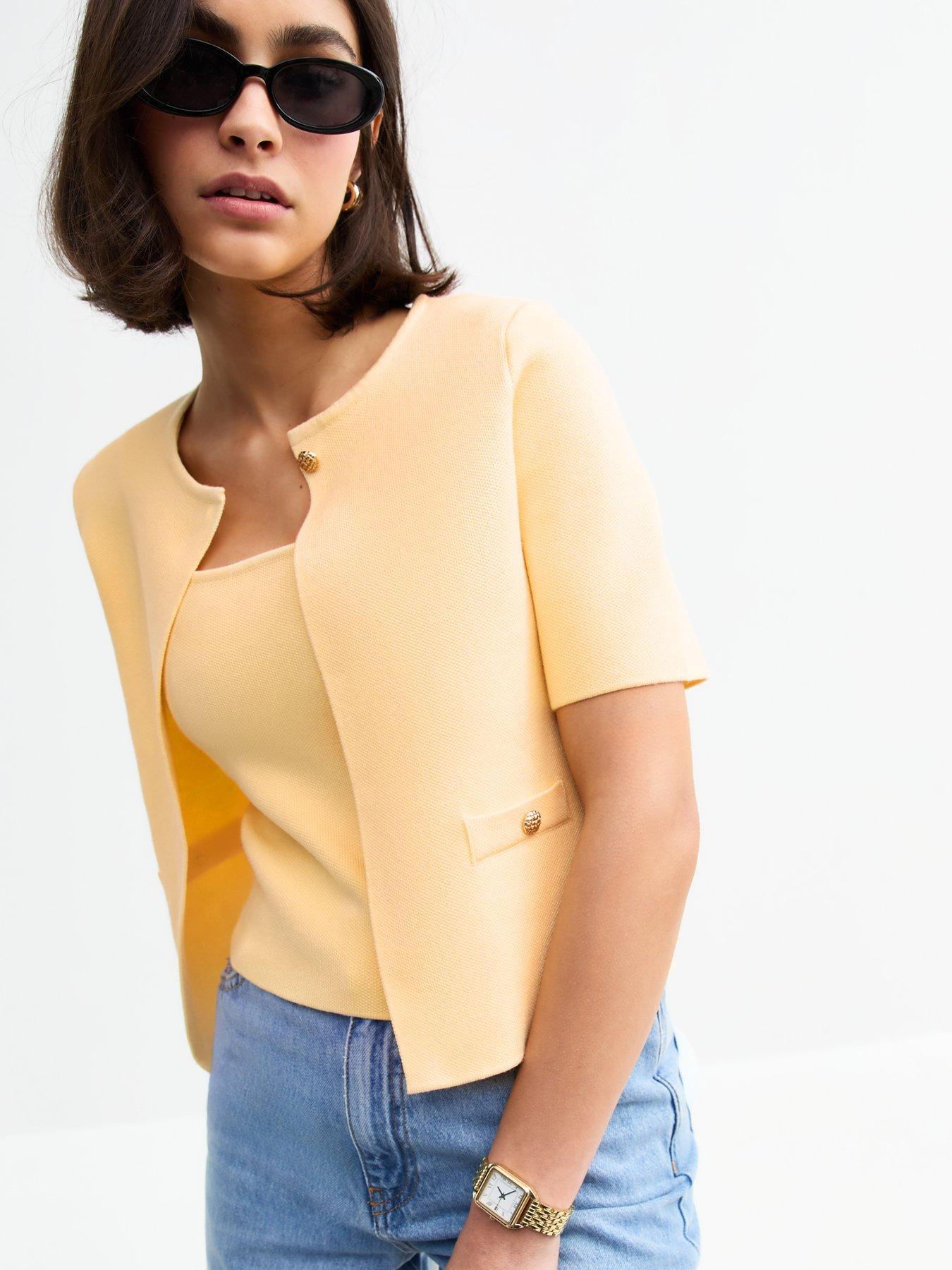  image of new-look-yellow-short-sleeve-button-cardigan