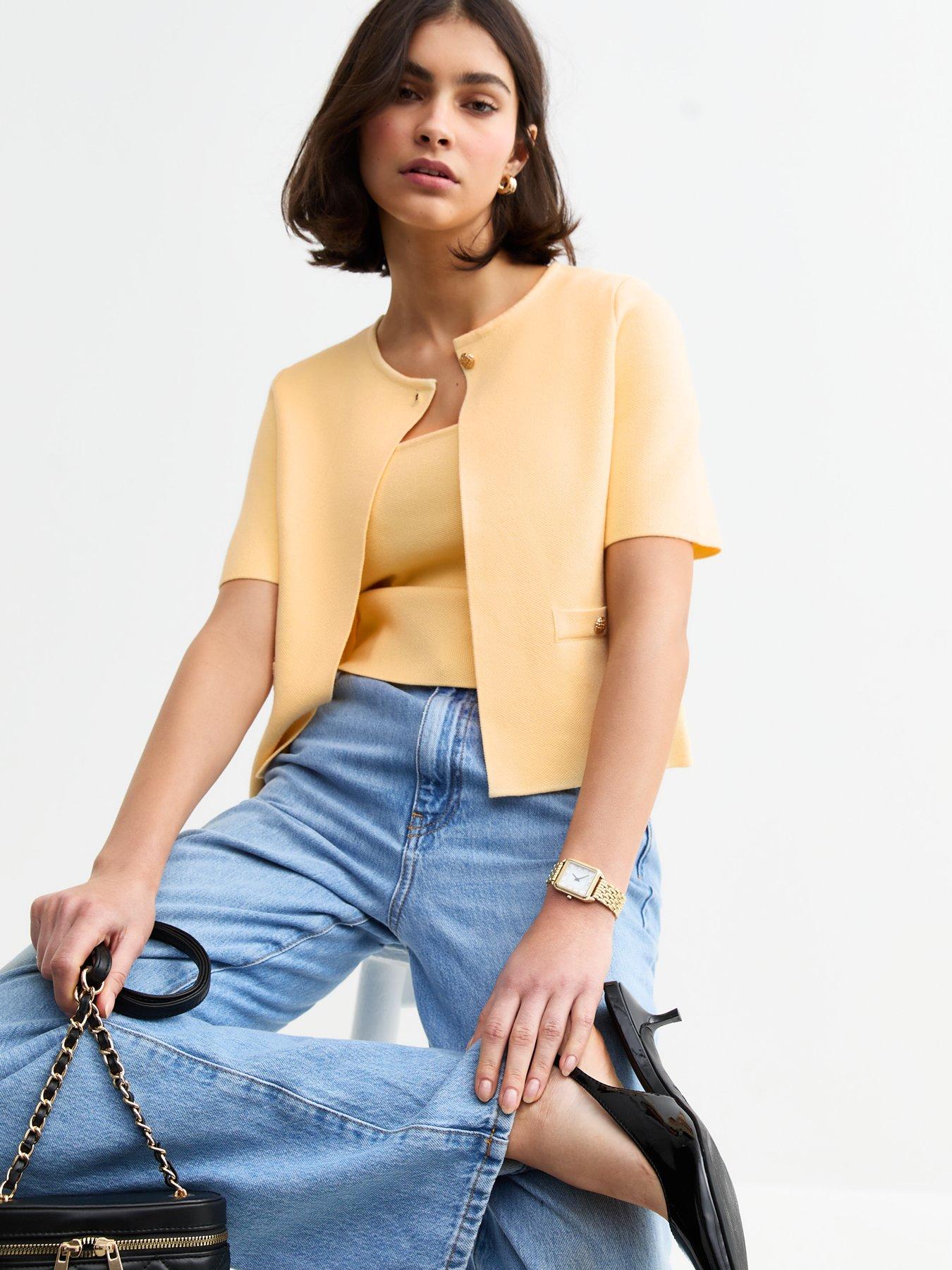  image of new-look-yellow-short-sleeve-button-cardigan