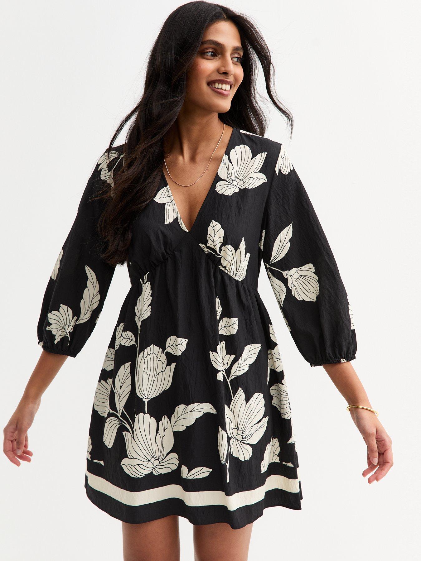 new-look-black-floral-print-mini-smock-dress