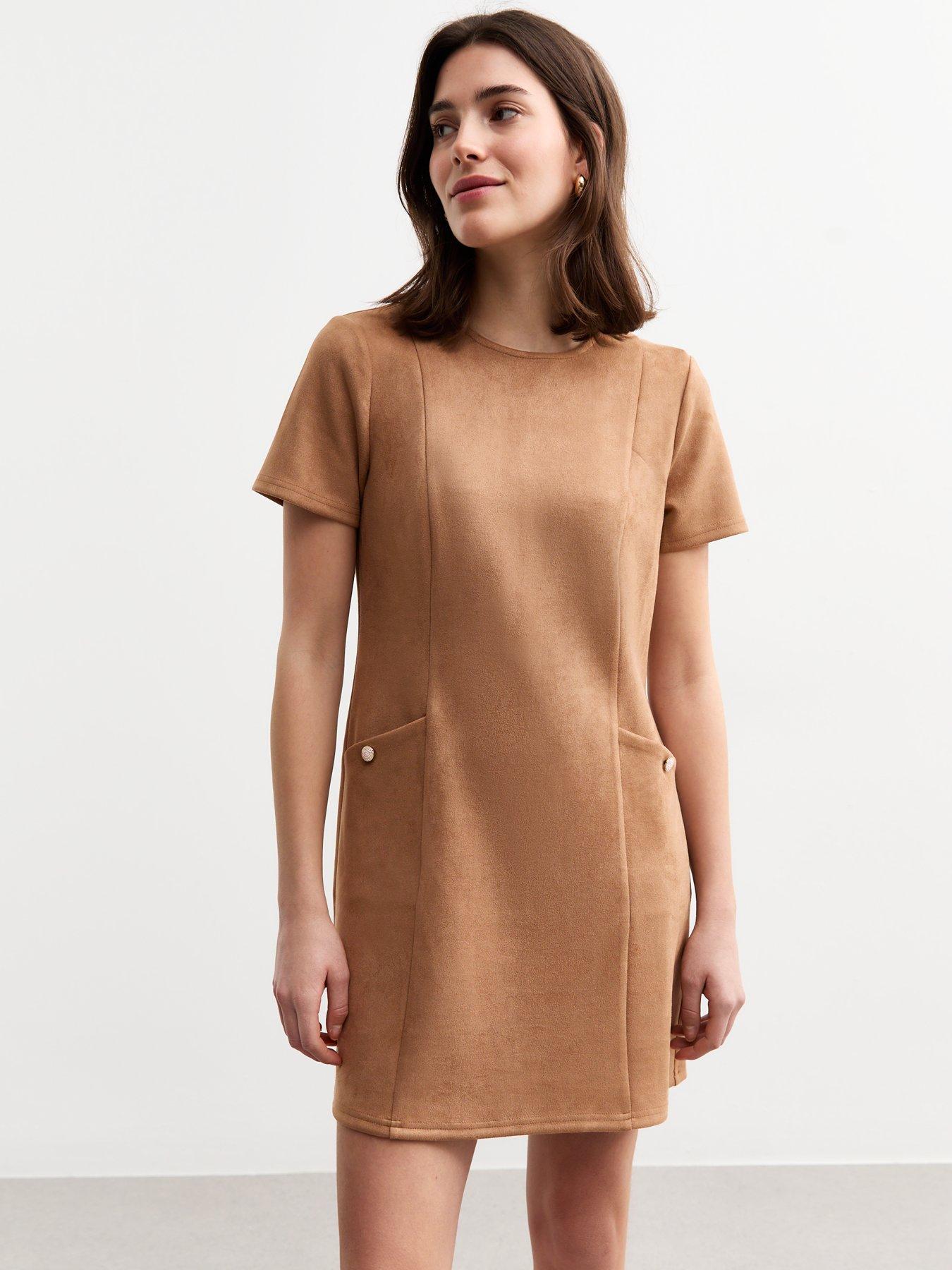 new-look-tan-faux-suede-mini-shift-dress