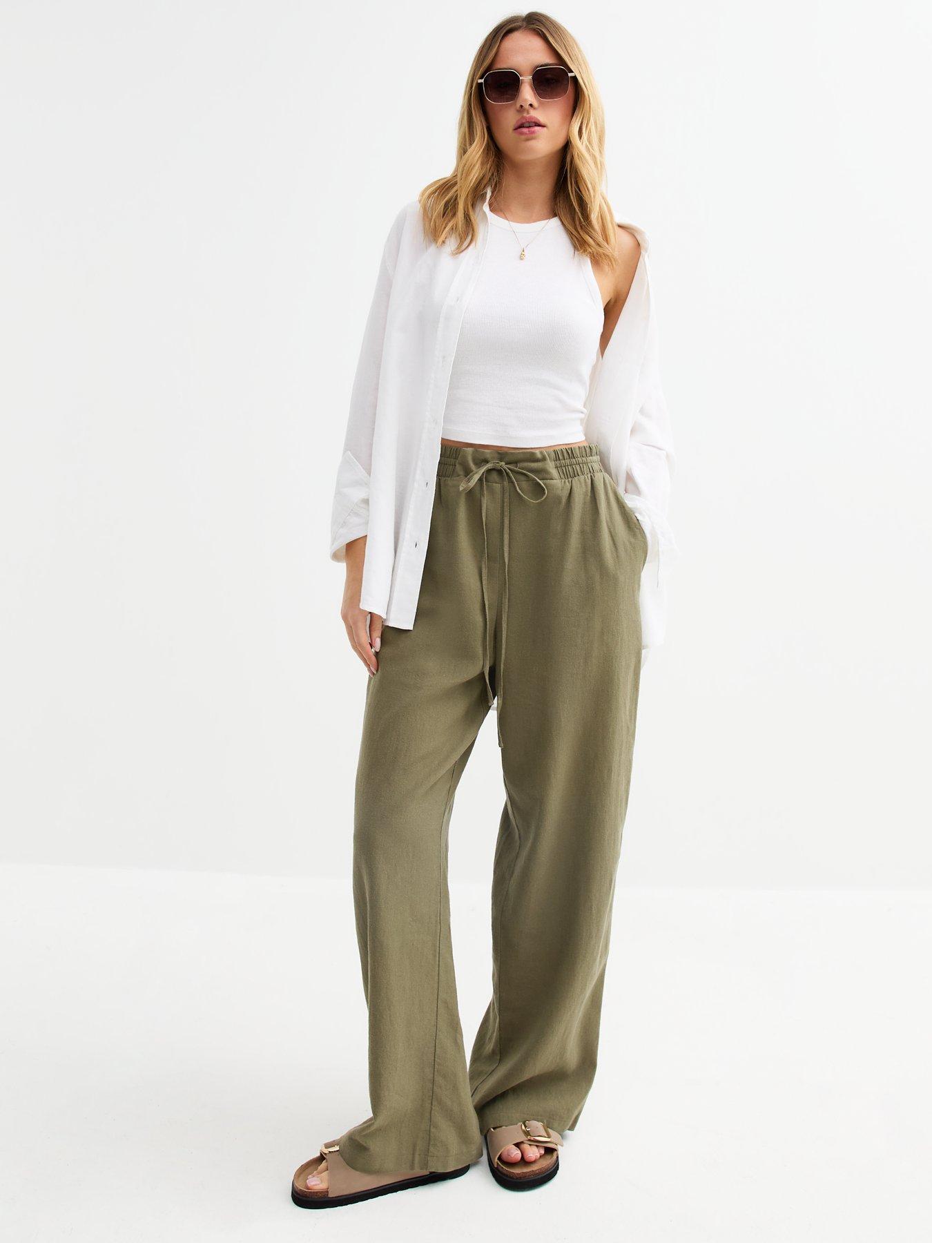 undefined Linen Blend Drawstring Waist Trousers - Khaki