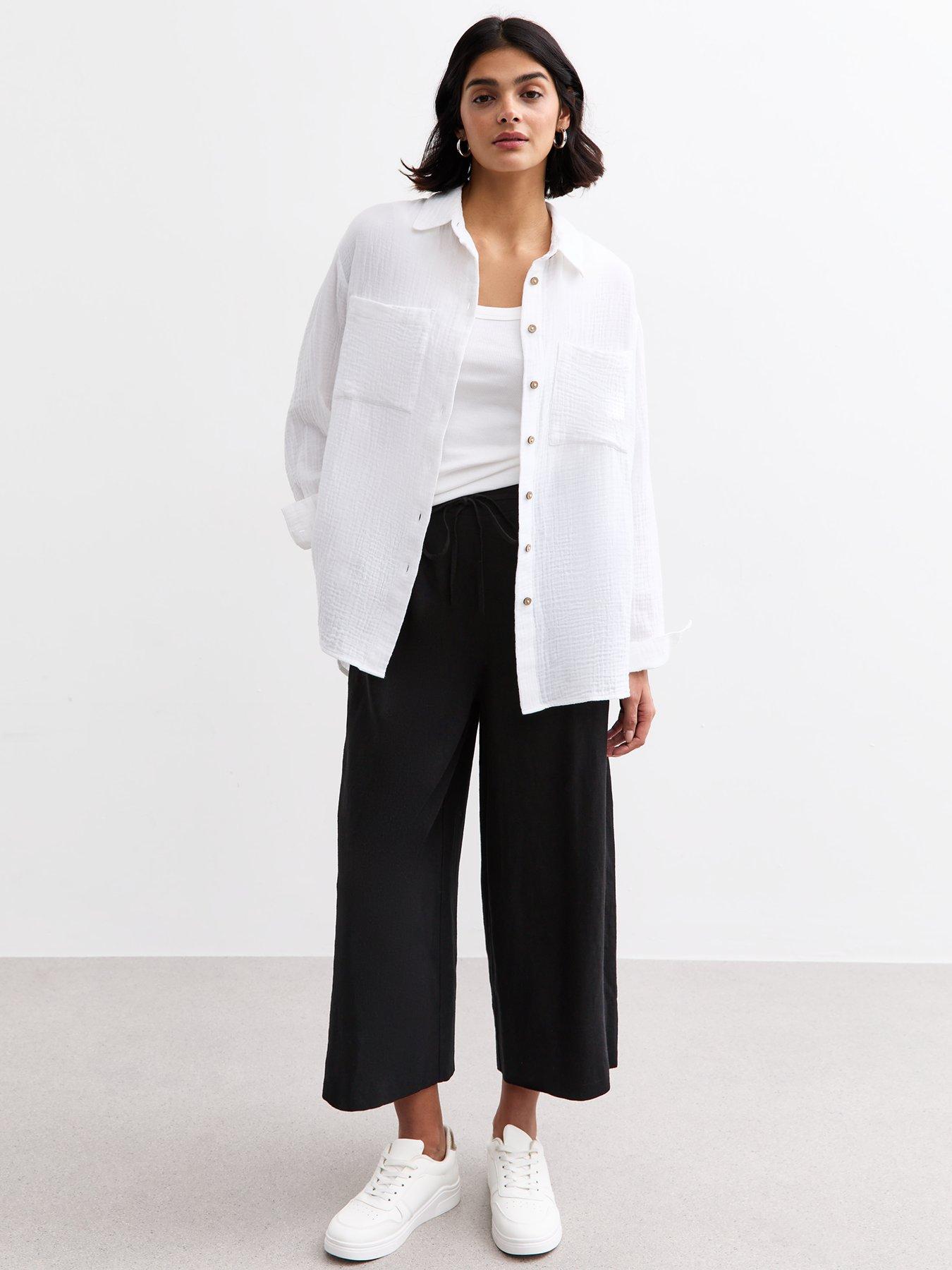 undefined Black Linen Blend Cropped Trousers