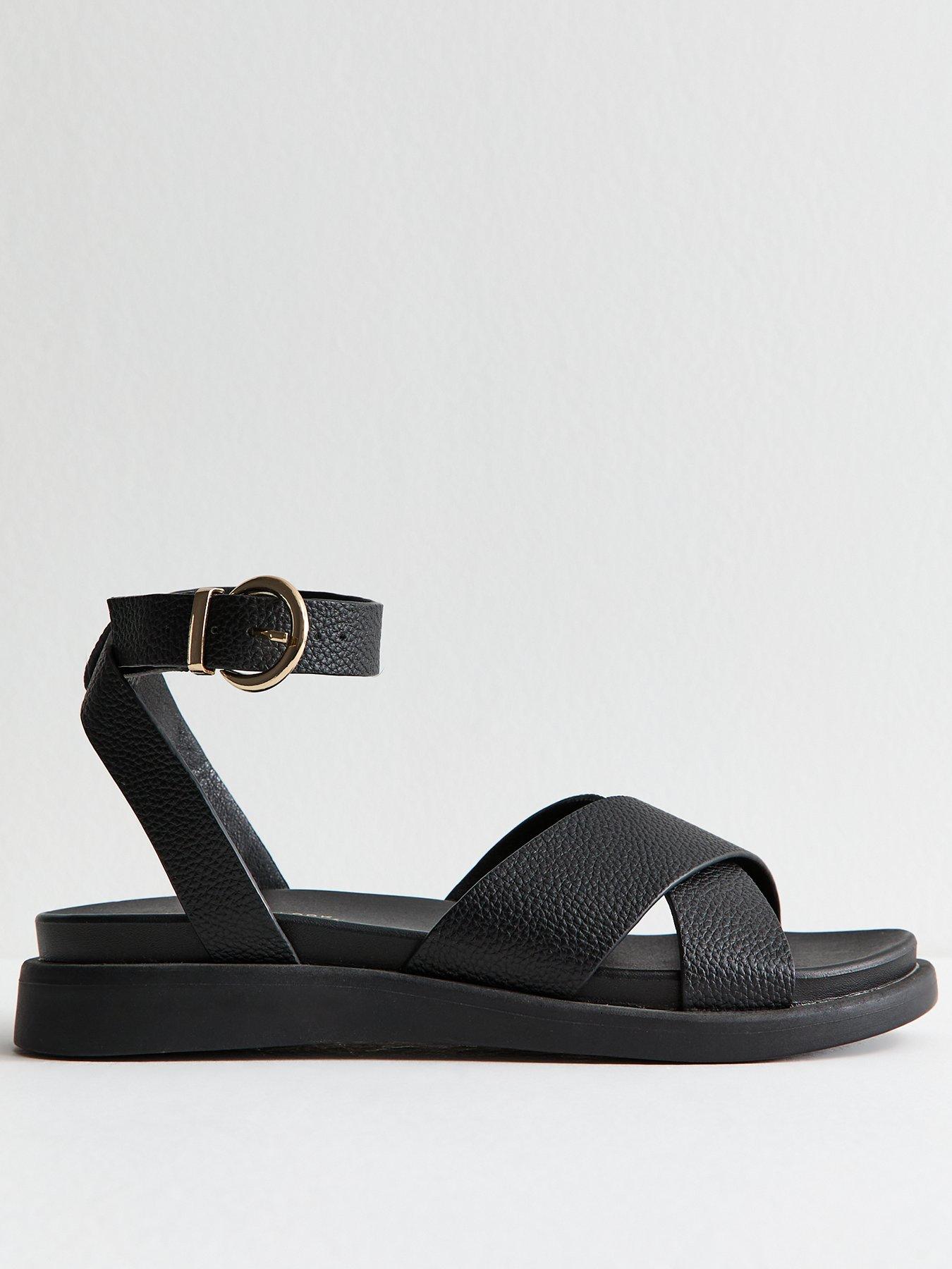 image of new-look-wide-fit-faux-leather-crossover-strap-sandals-black