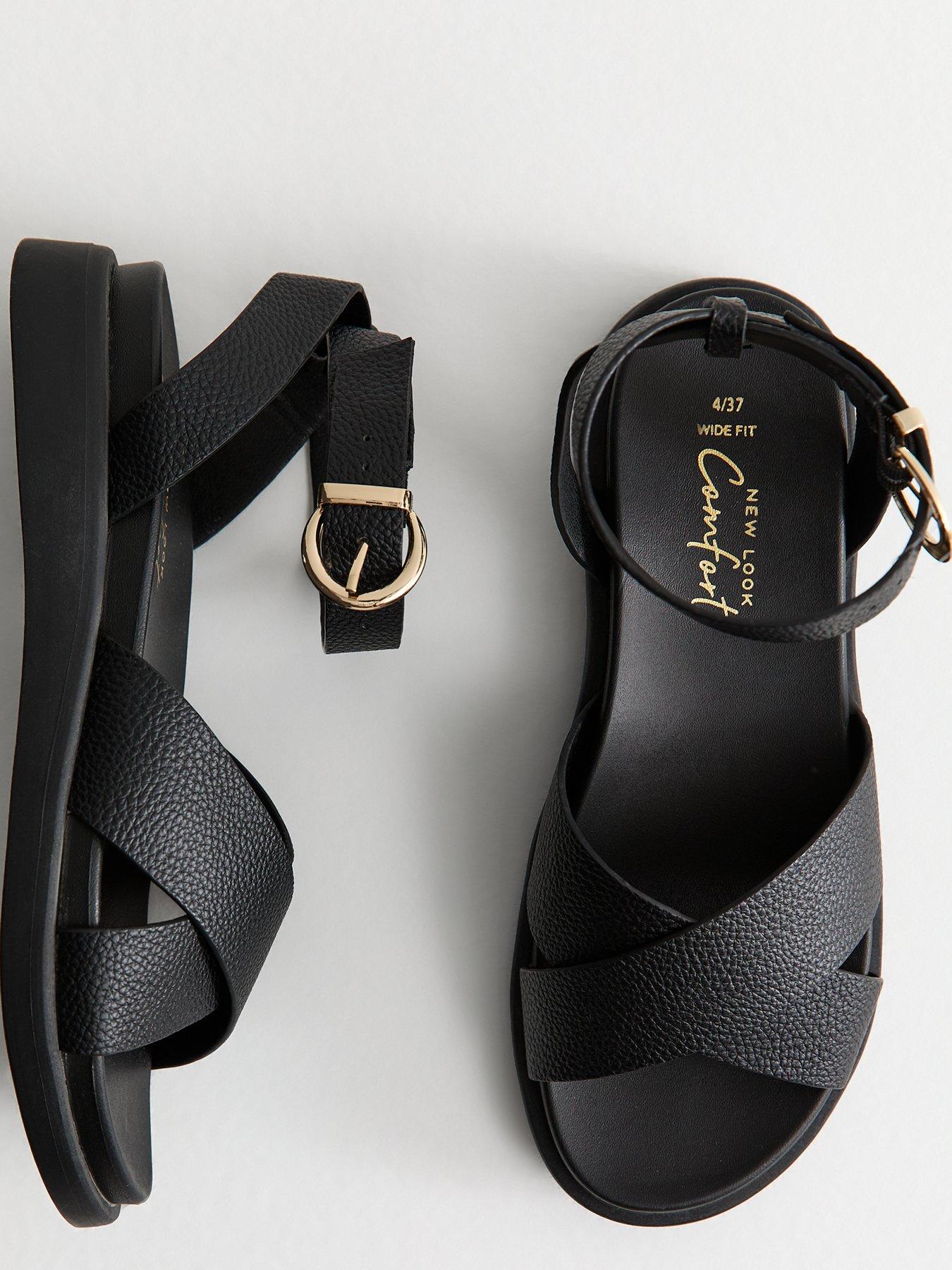  image of new-look-wide-fit-faux-leather-crossover-strap-sandals-black