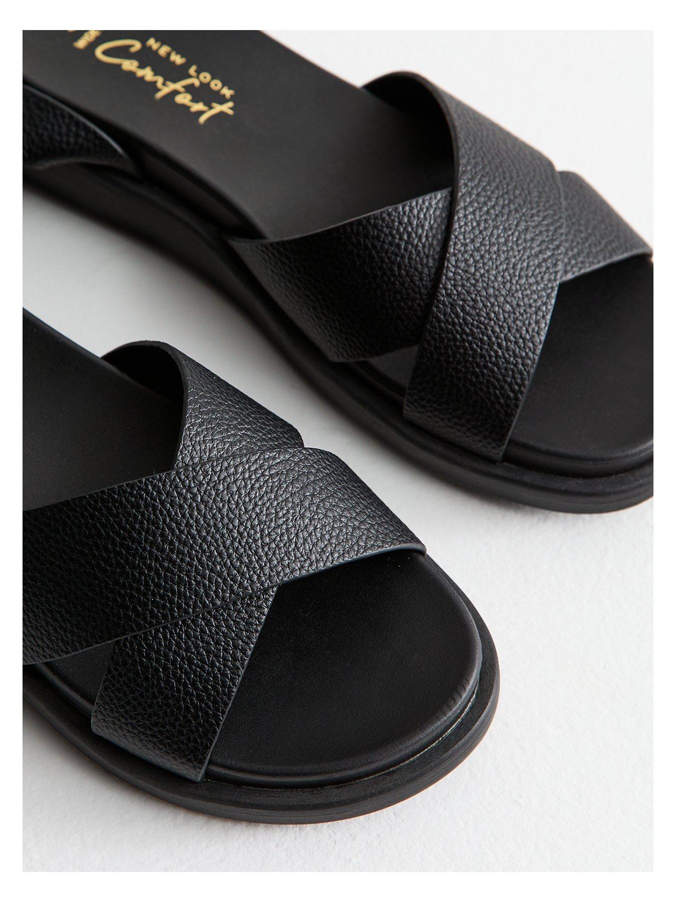  image of new-look-wide-fit-faux-leather-crossover-strap-sandals-black