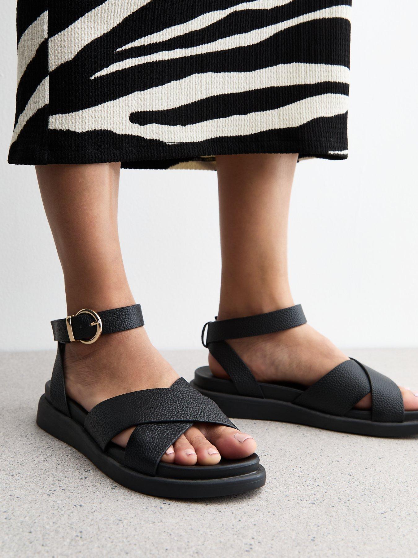  image of new-look-wide-fit-faux-leather-crossover-strap-sandals-black